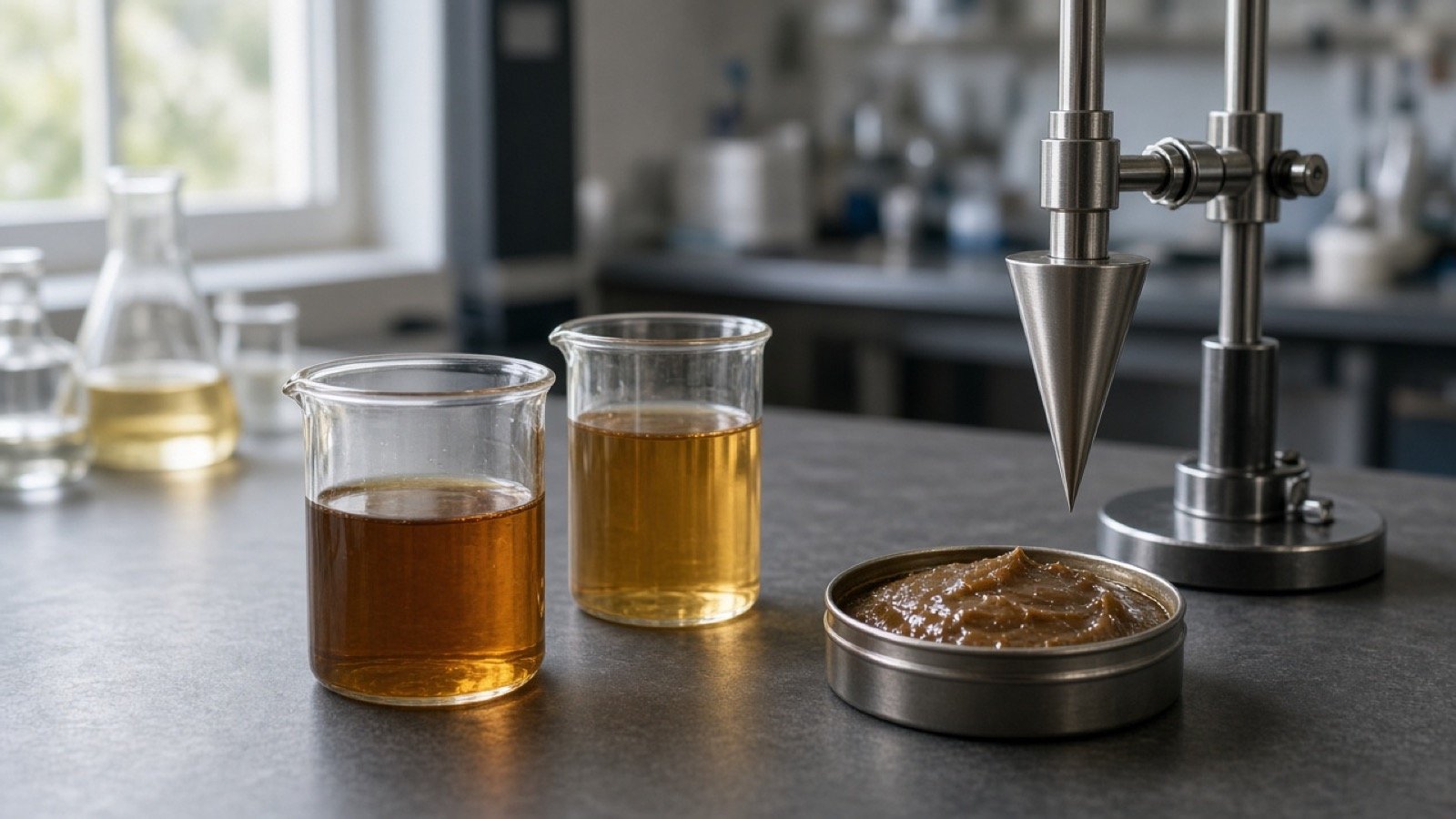 Conceptual illustration of a formulation laboratory bench and viscometer