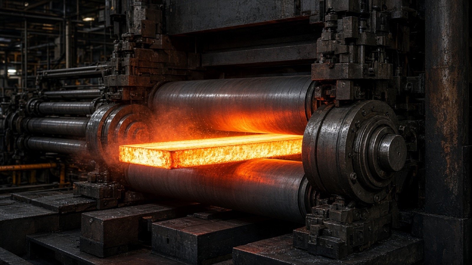 Conceptual illustration of a steel-mill roll line and heavy bearing housing