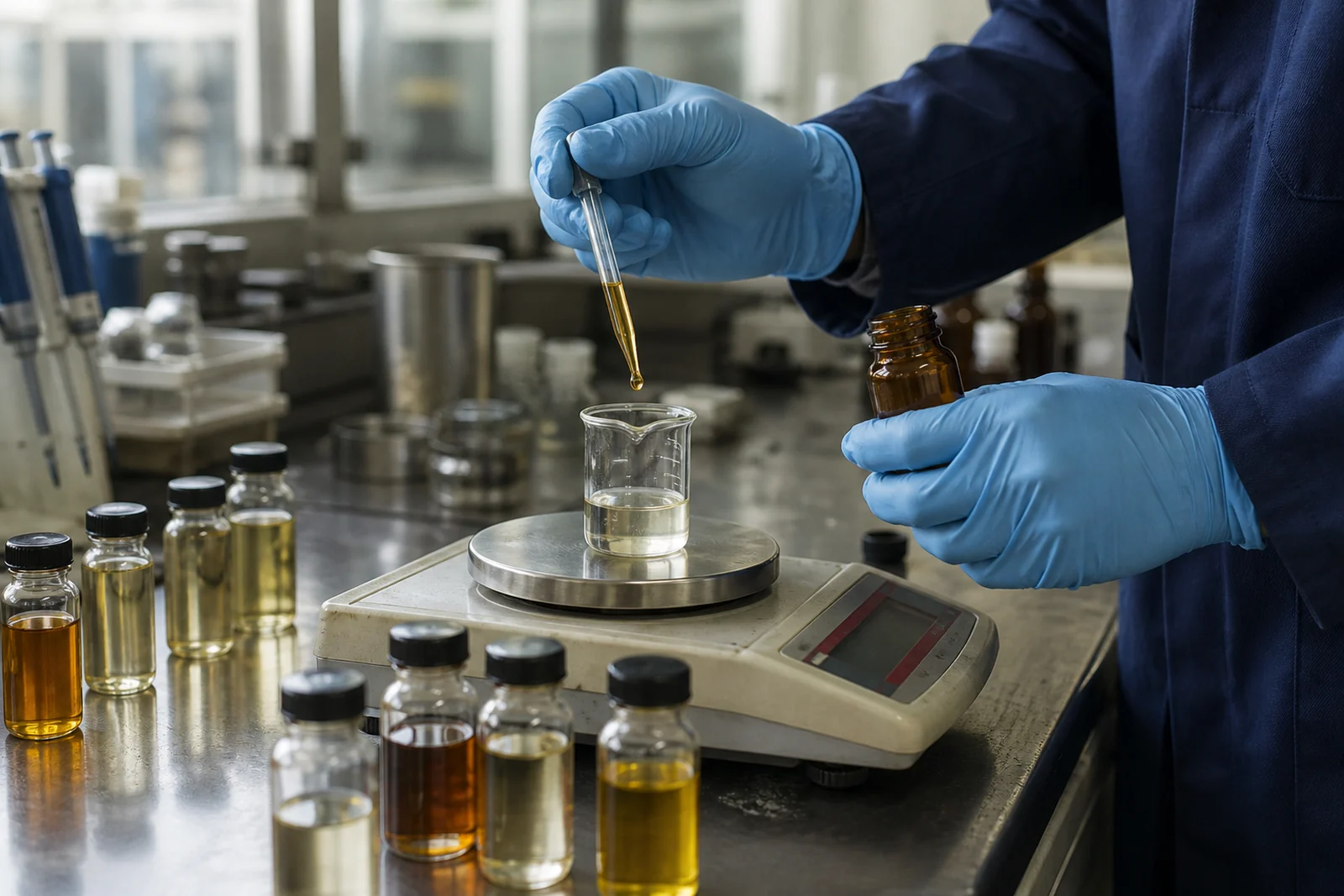 Measured lubricant additive components arranged beside a laboratory mixing vessel