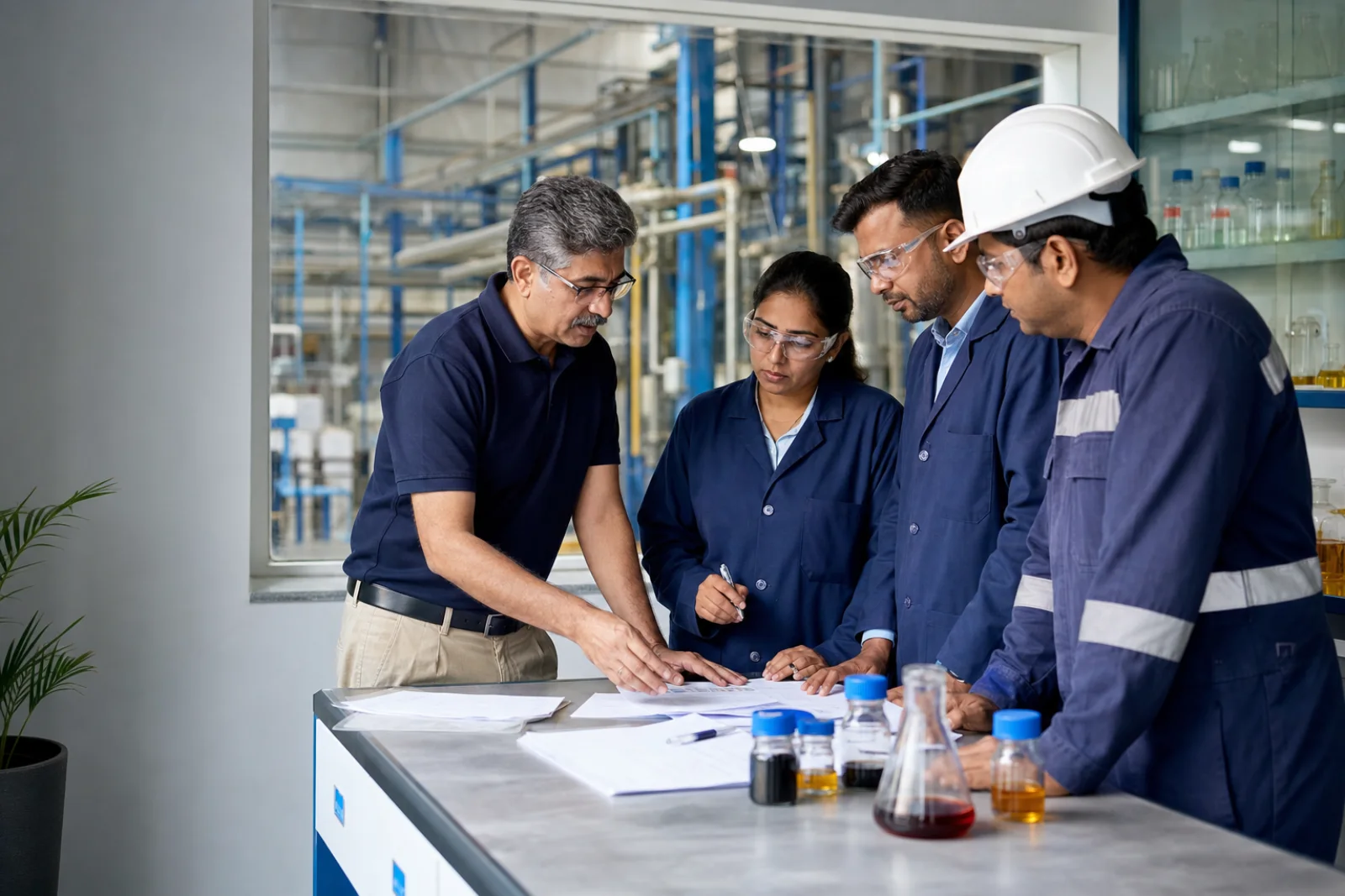 Senior lubricant consultant leading an R&D, quality and production review beside a laboratory