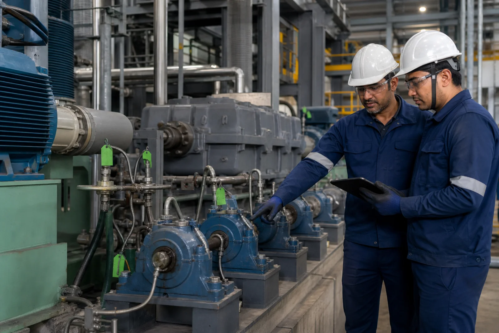 Lubrication specialist and maintenance engineer inspecting lubrication points on industrial equipment
