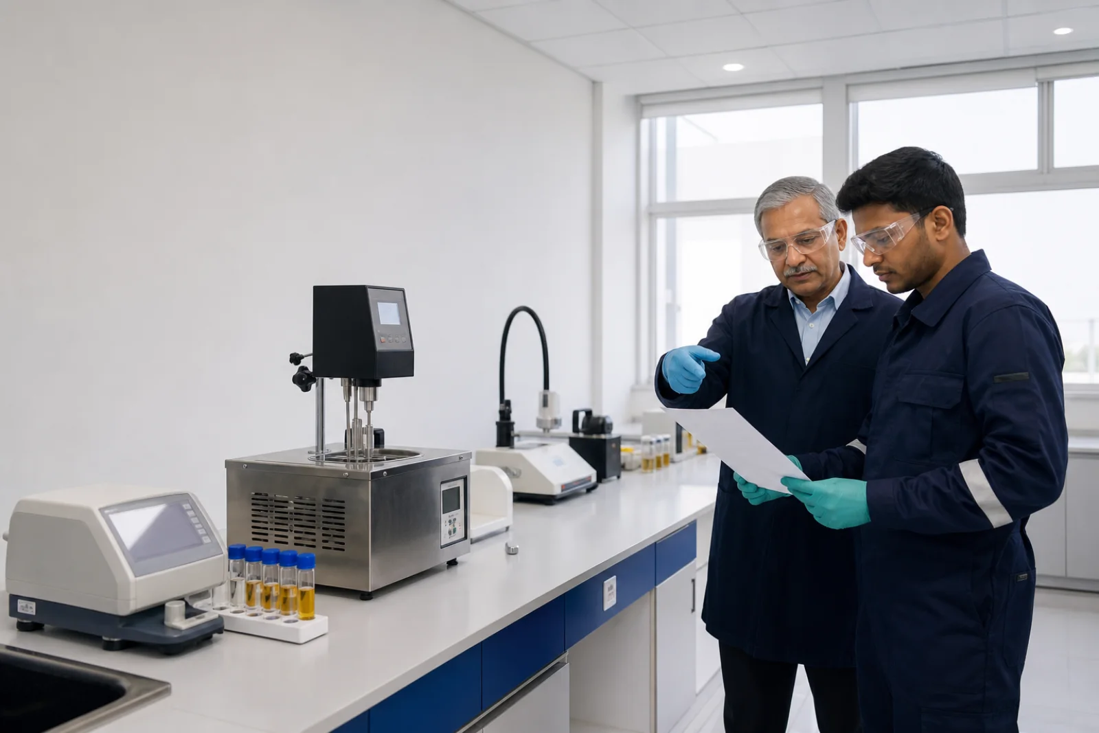 Lubricant laboratory specialist and QC technician reviewing test equipment and method documents