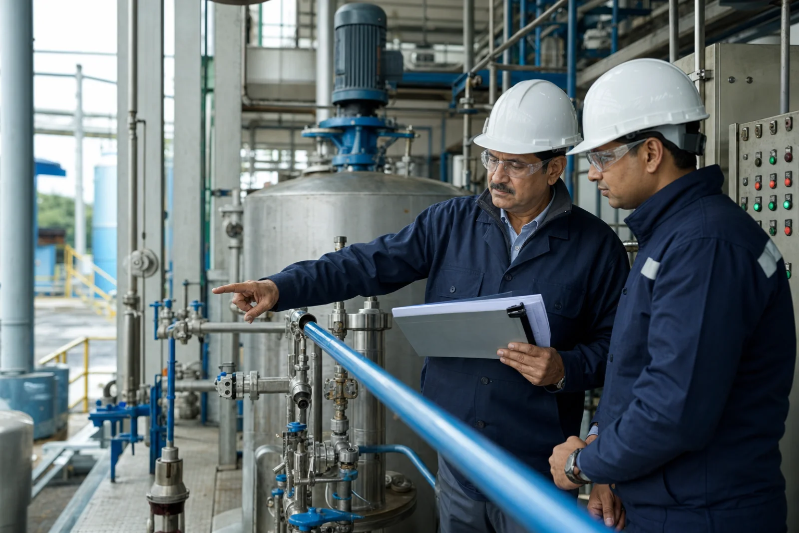 Technical auditor and plant supervisor tracing a lubricant blending process line