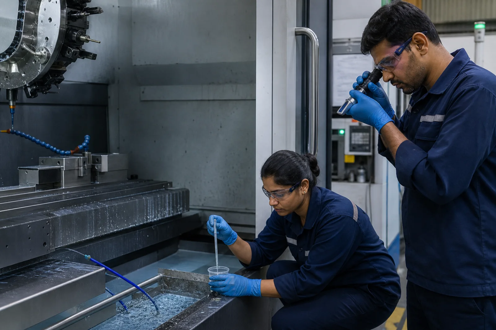 CNC team checking metalworking fluid concentration and taking a coolant sump sample