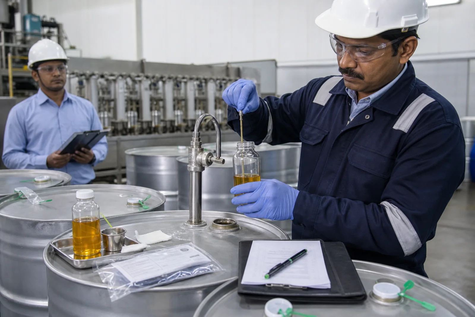 Inspector drawing a representative lubricant sample from a sealed production drum