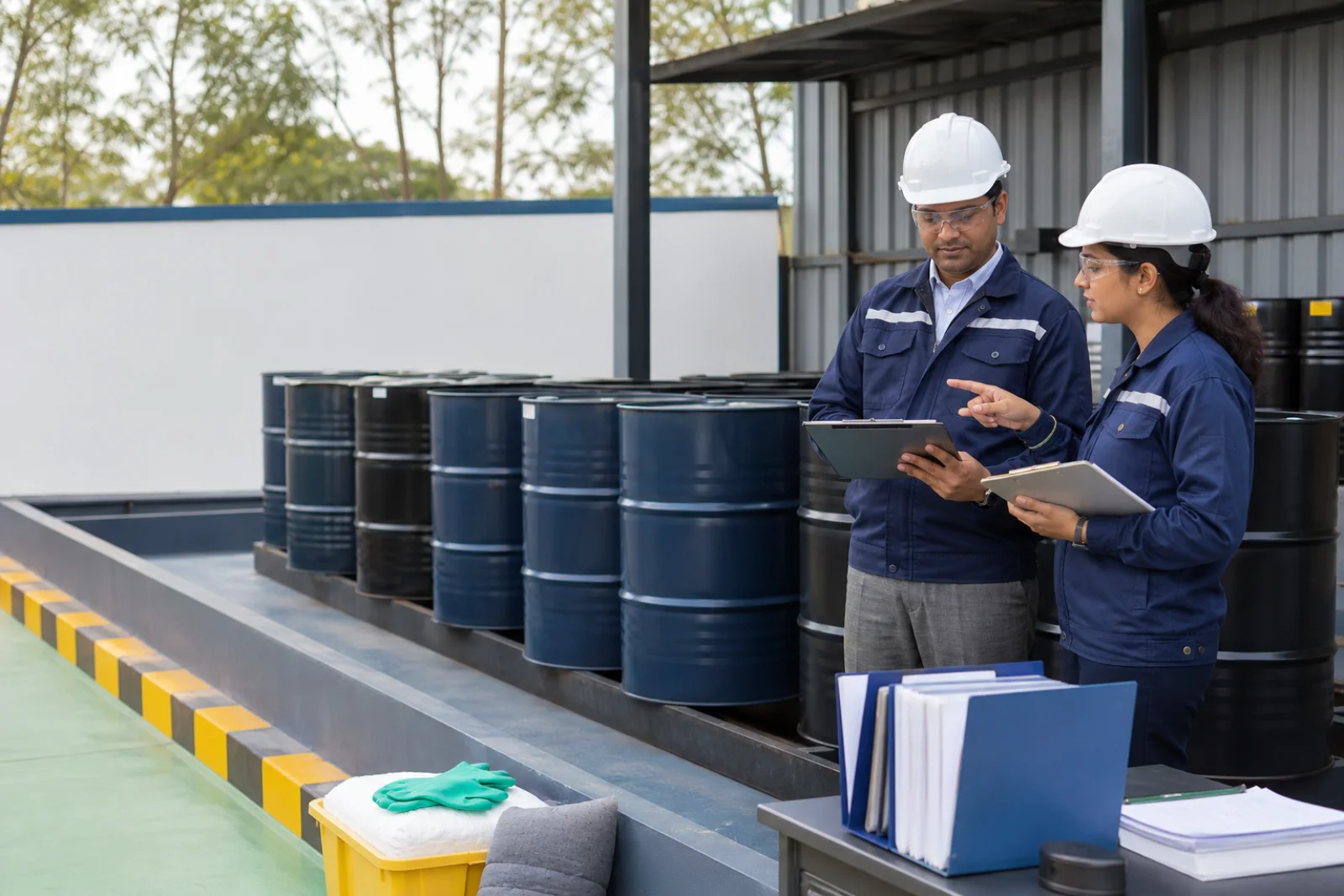 EHS specialist and plant manager inspecting bunded used-oil drum storage and records