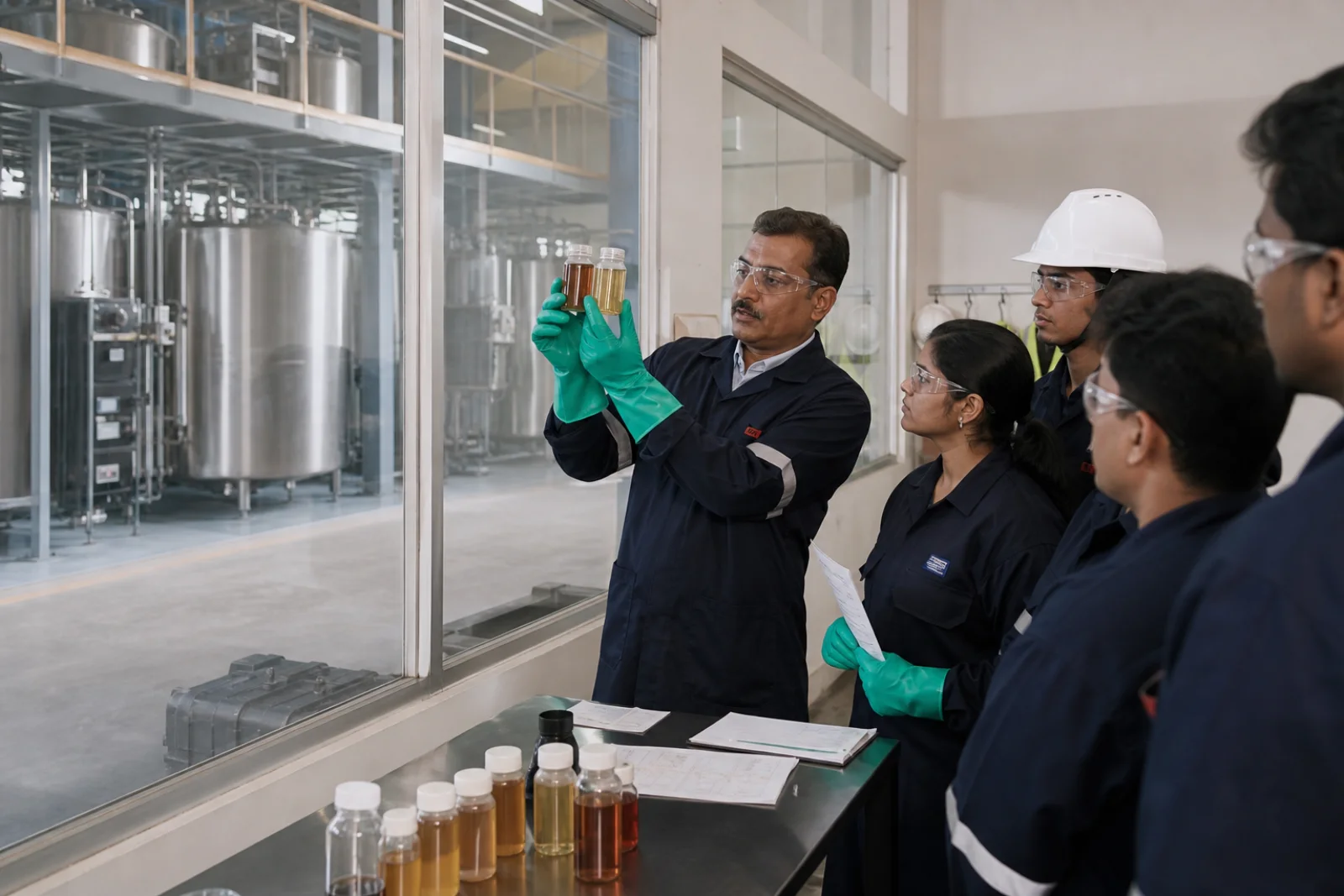 Lubricant specialist training plant operators with real oil samples inside a blending facility