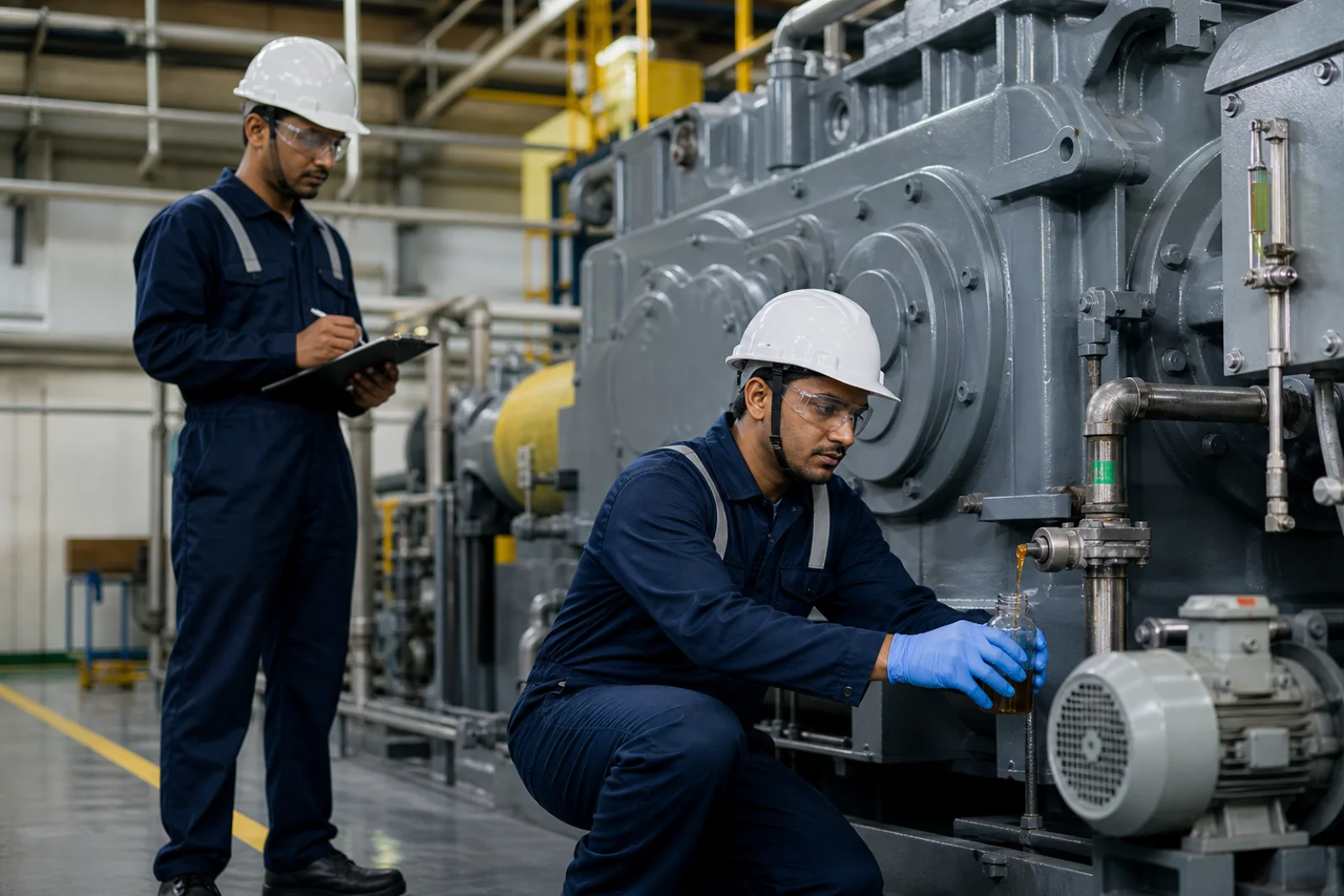 Reliability technician taking a representative used-oil sample from an industrial gearbox