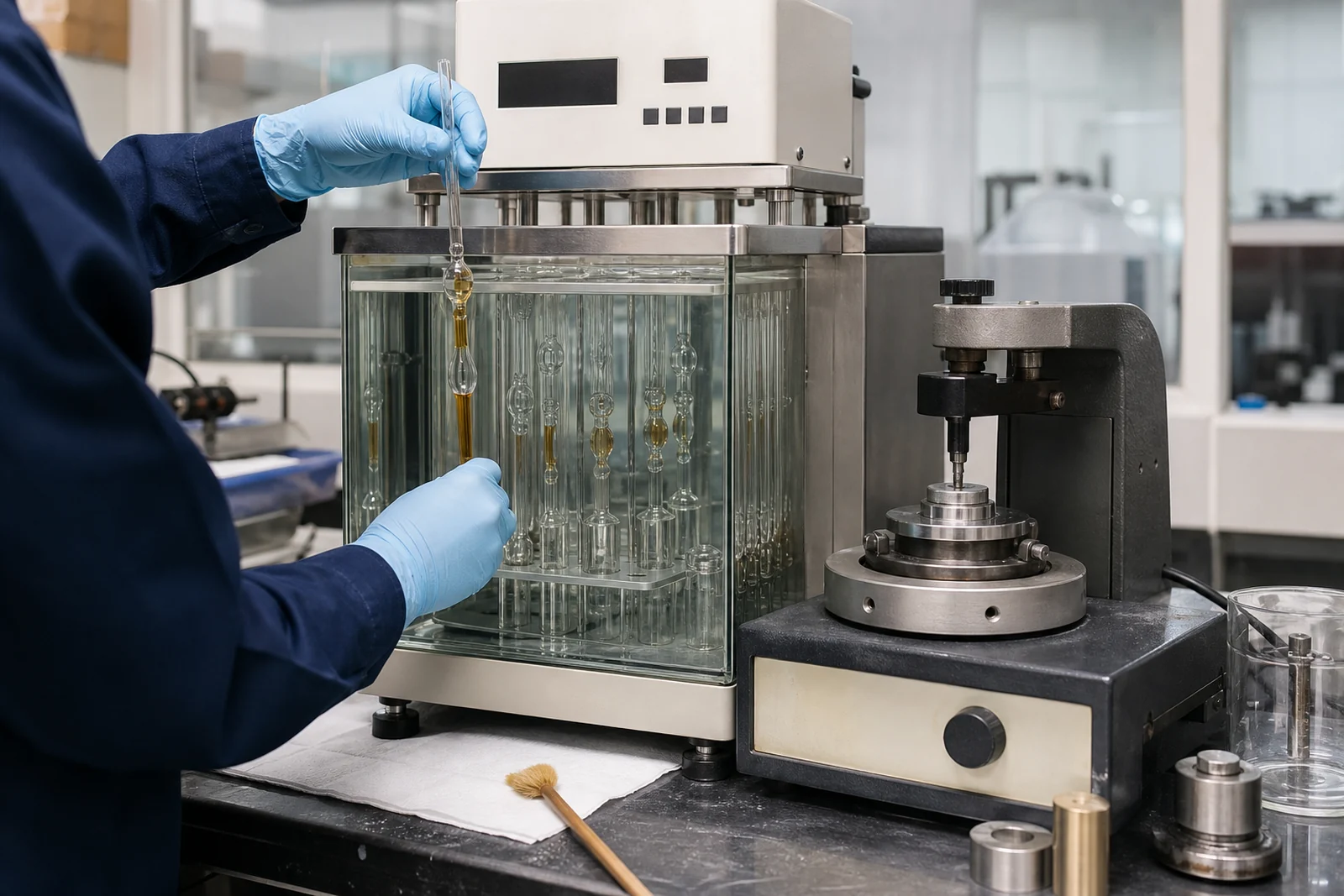 Laboratory technician preparing a lubricant sample at a viscosity testing instrument