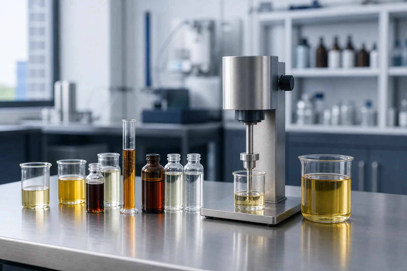 Measured lubricant additive components arranged around a compact laboratory mixer