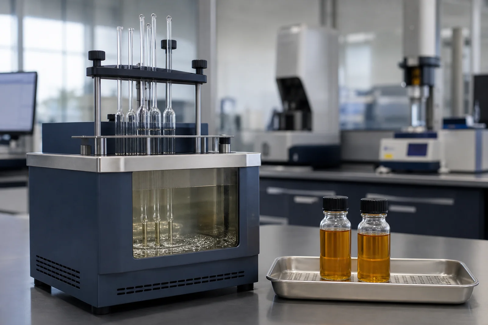 Viscosity testing bath with capillary tubes and two amber lubricant samples