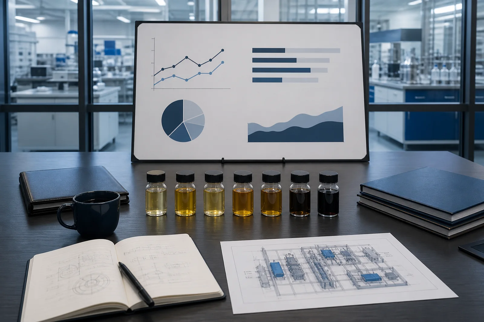 Technical review board, lubricant samples and plant-planning documents in a laboratory meeting space