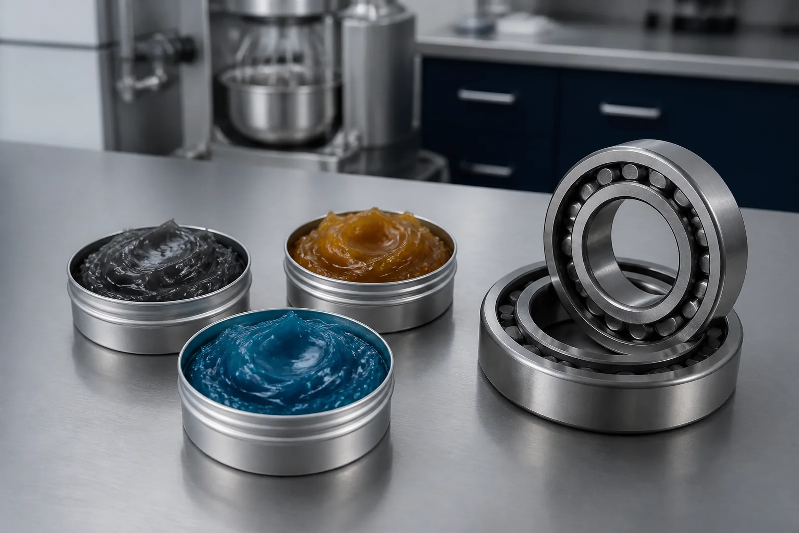 Three grease sample textures in plain metal tins beside clean industrial bearings