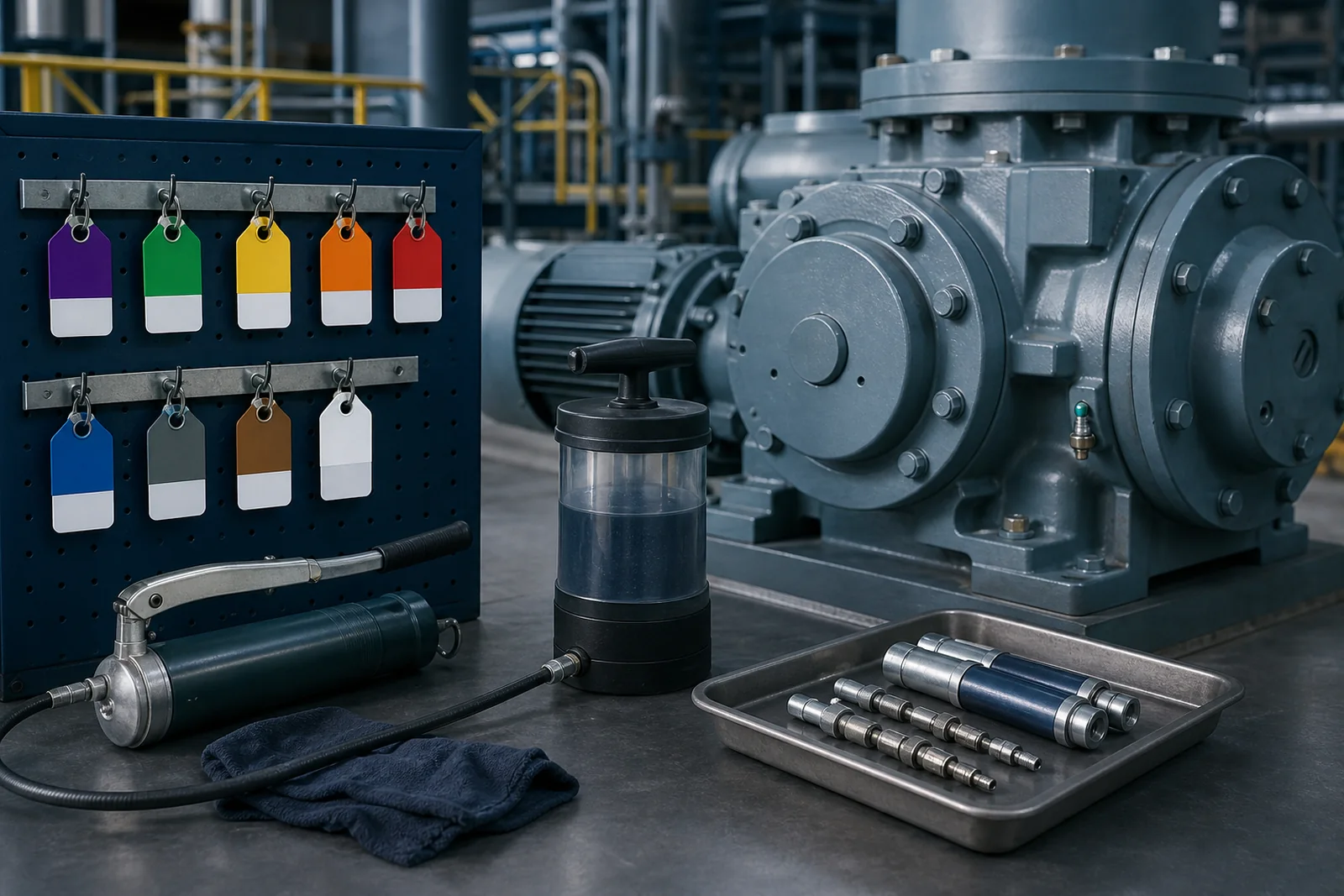 Colour-coded lubrication-point system, transfer tools and an industrial gearbox