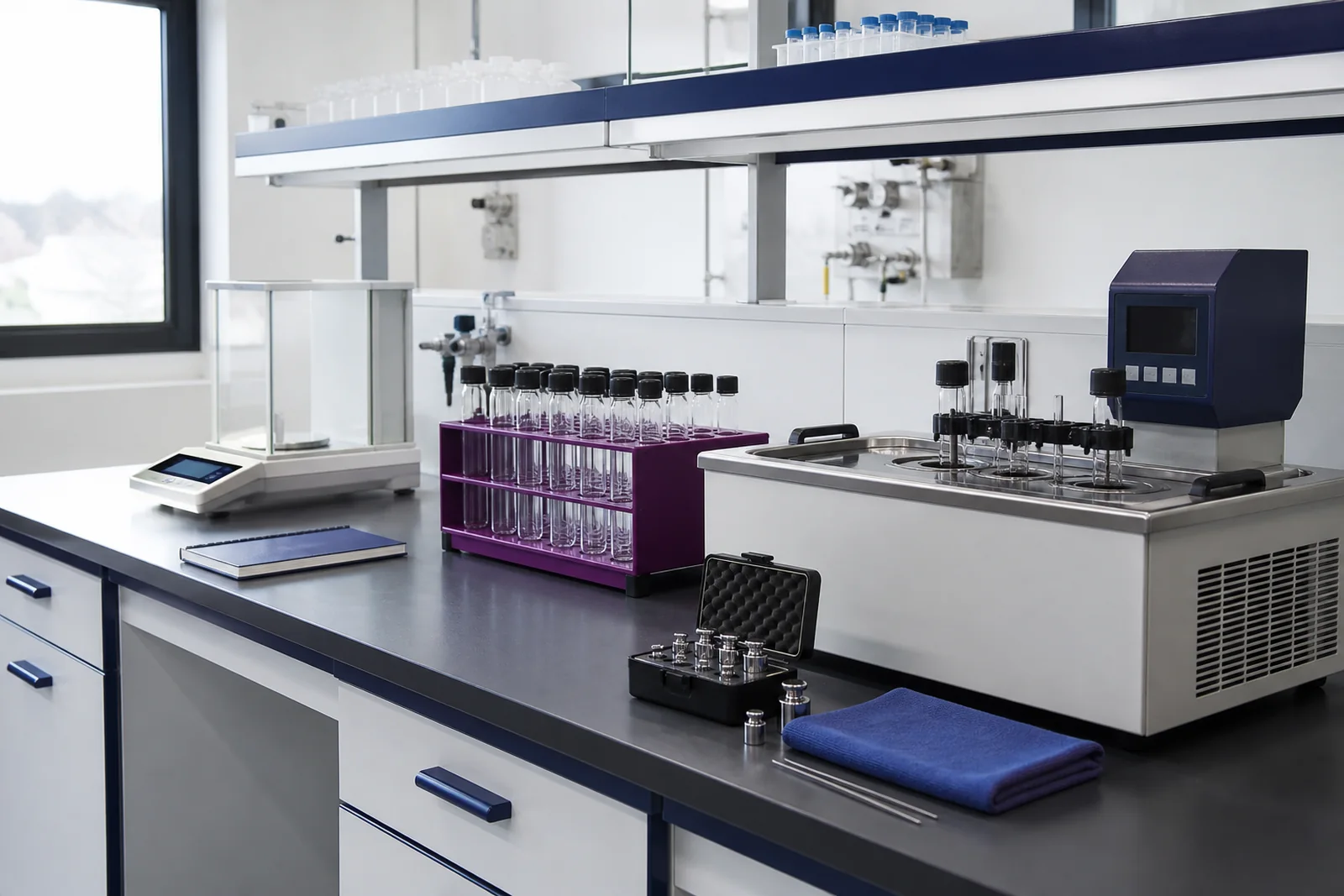 Organised petroleum laboratory bench with viscosity bath, sample rack and calibration weights