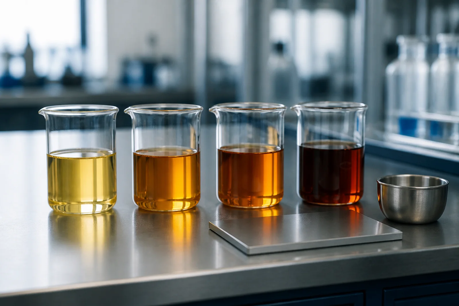 Four lubricant base-oil samples arranged from pale gold to deep amber on a clean development bench