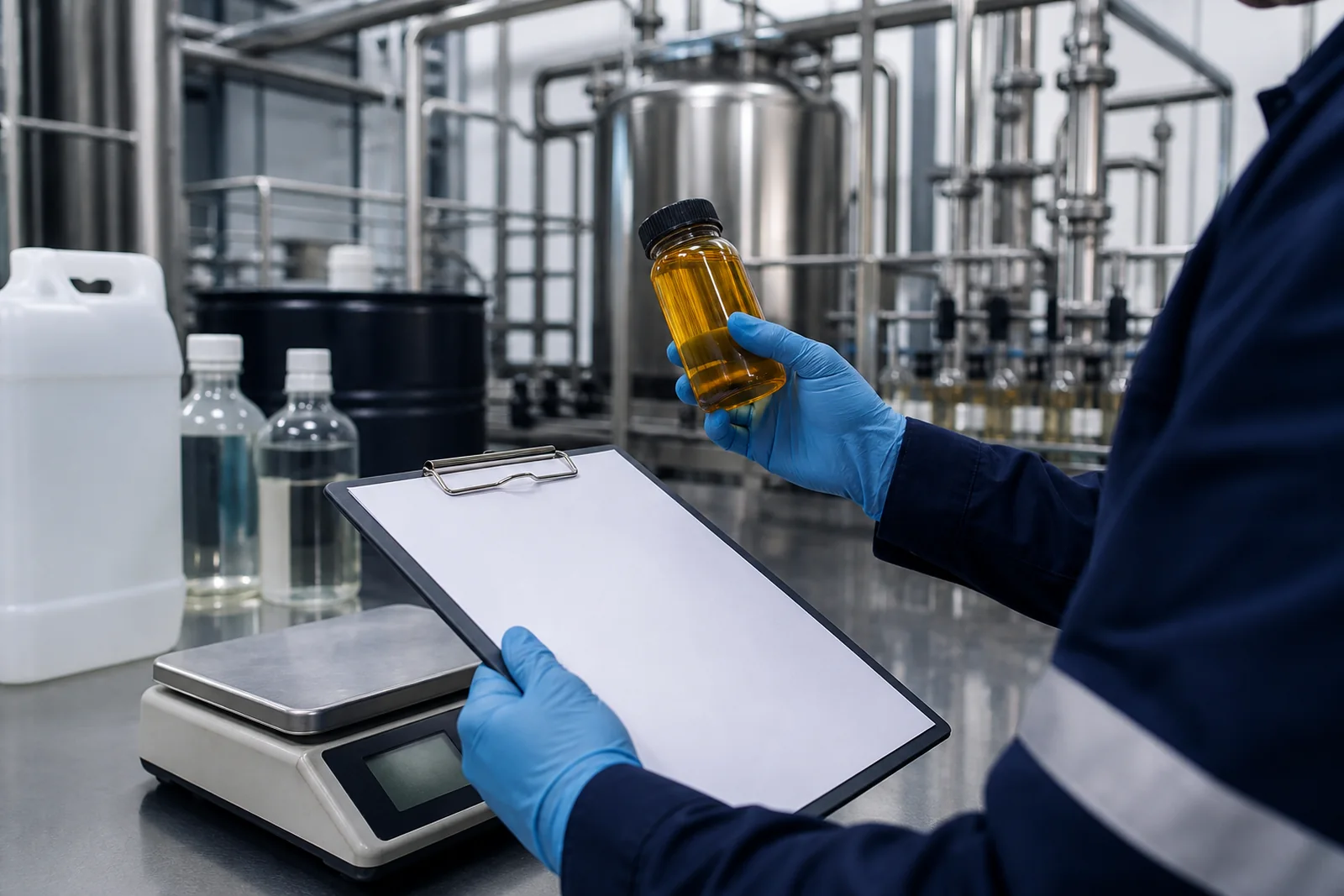 Batch sample review with a quality clipboard inside a lubricant blending plant