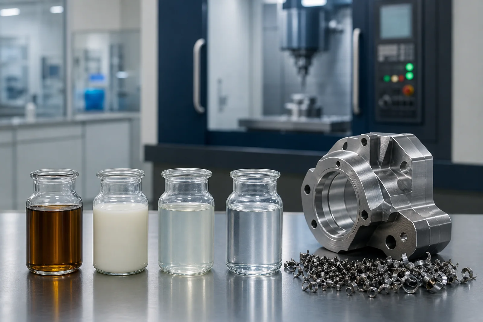 Neat, soluble, semi-synthetic and synthetic metalworking-fluid samples beside a precision-machined component