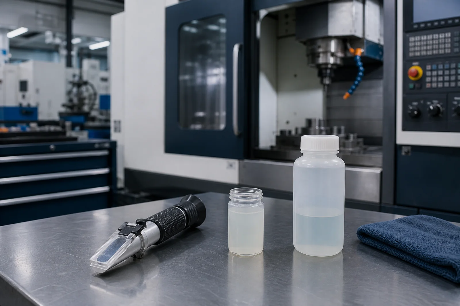 Refractometer and coolant samples on a clean CNC machine-shop bench