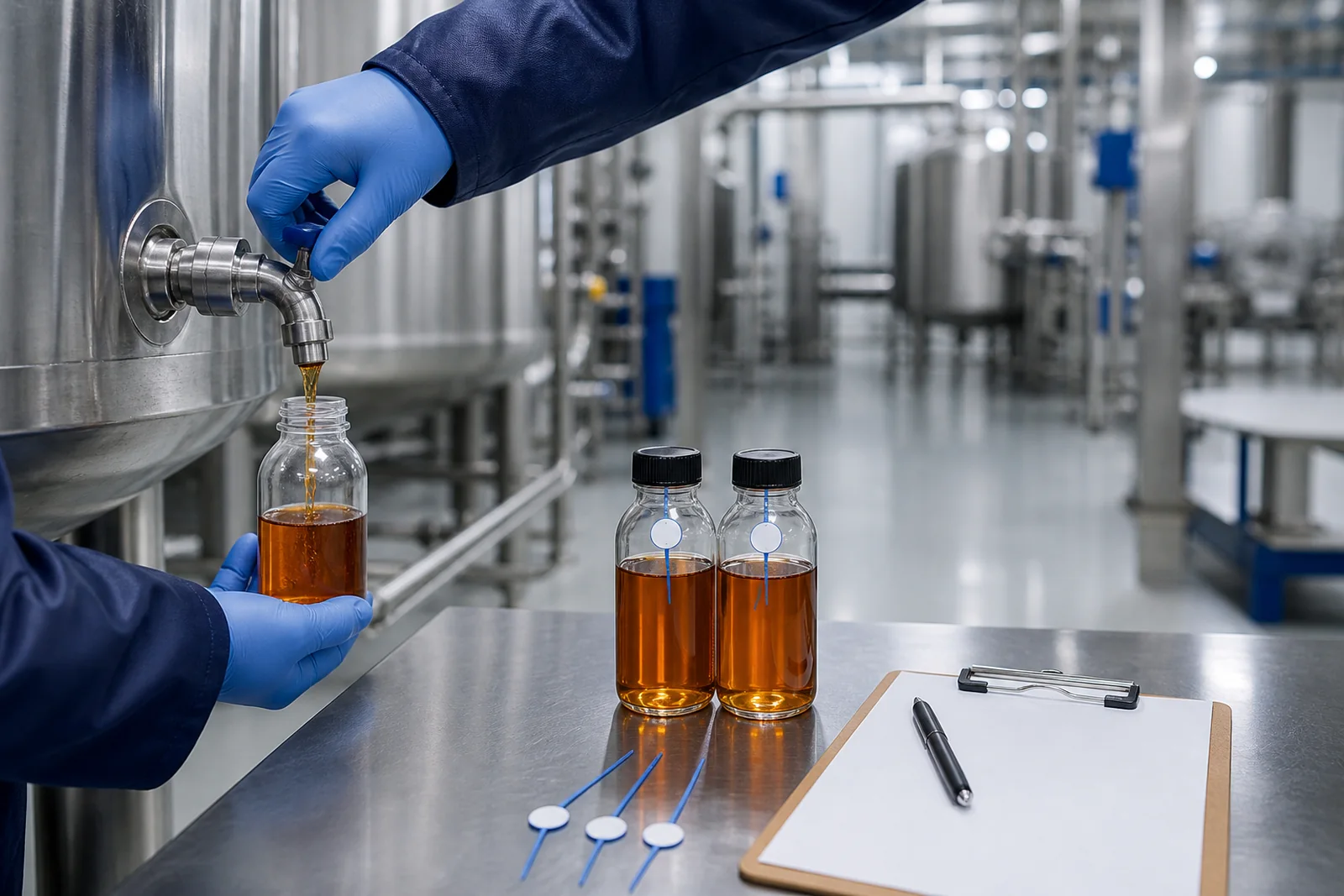 Controlled lubricant sampling from a stainless tank with sealed reference bottles