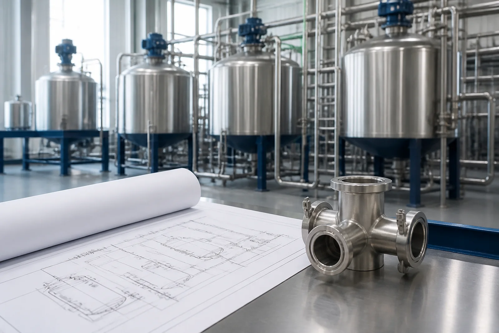 Process layout drawing and stainless pipe fitting in front of lubricant blending vessels