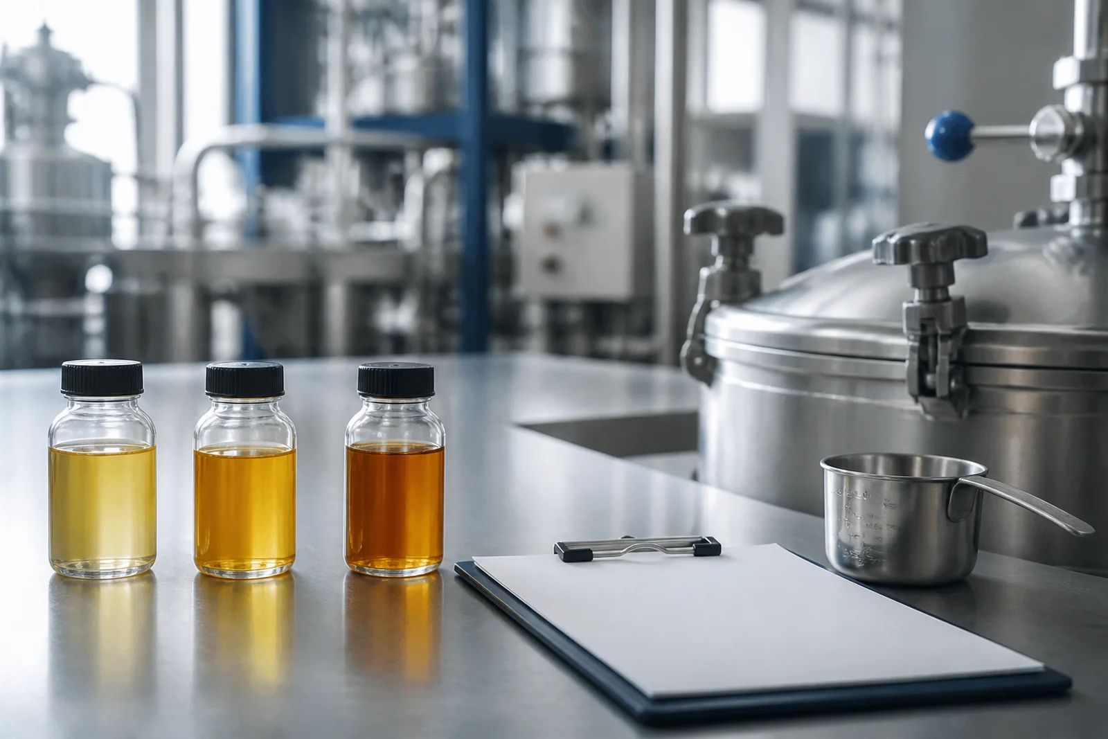 Sequential batch samples, a blank batch record and a sampling cup beside process equipment