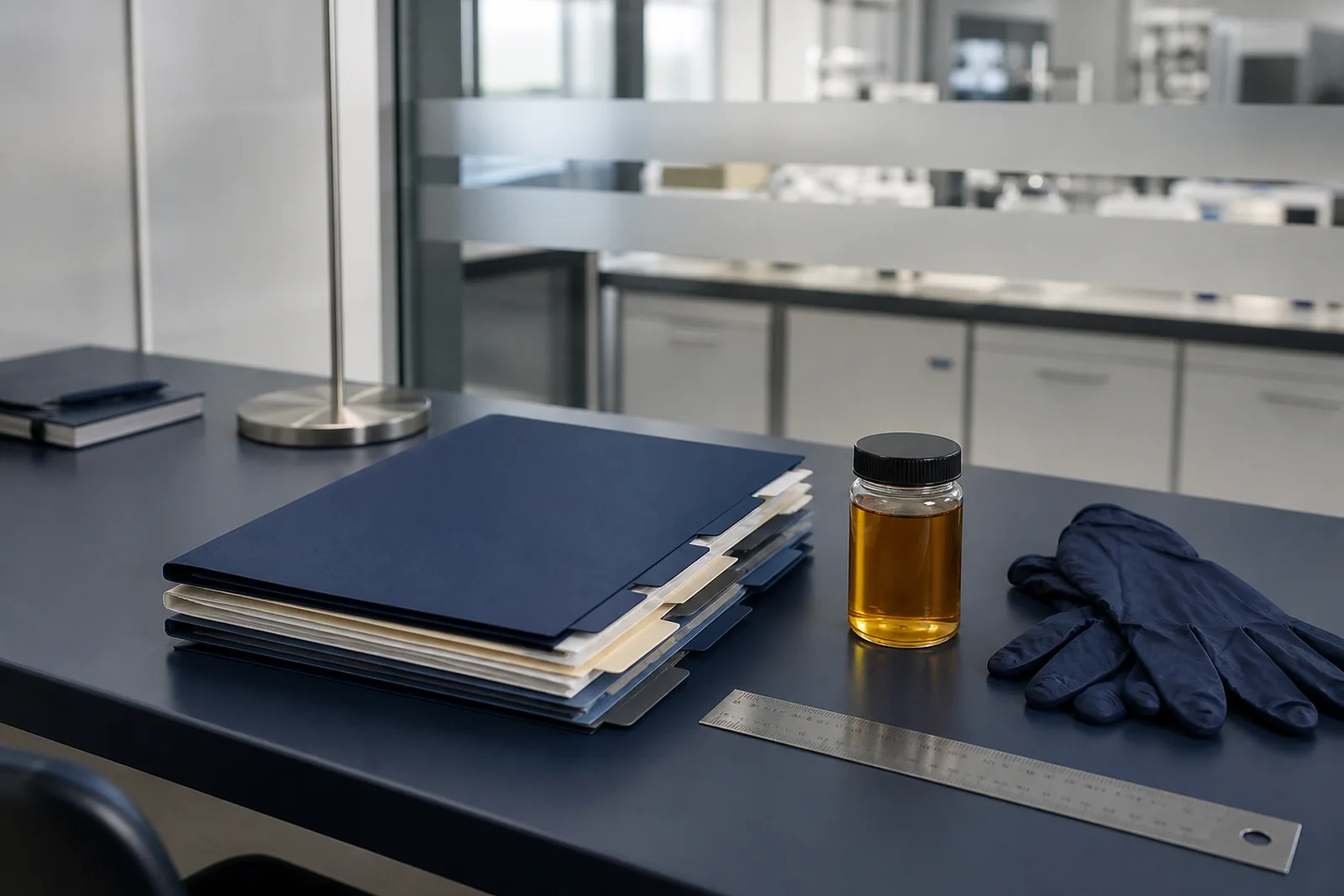 Organised technical folders, lubricant sample and review tools on a compliance desk