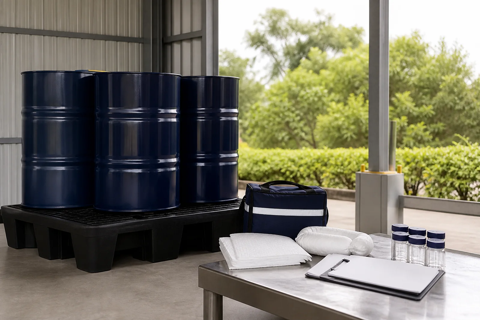 Sealed lubricant drums on spill containment with a clean spill-response station
