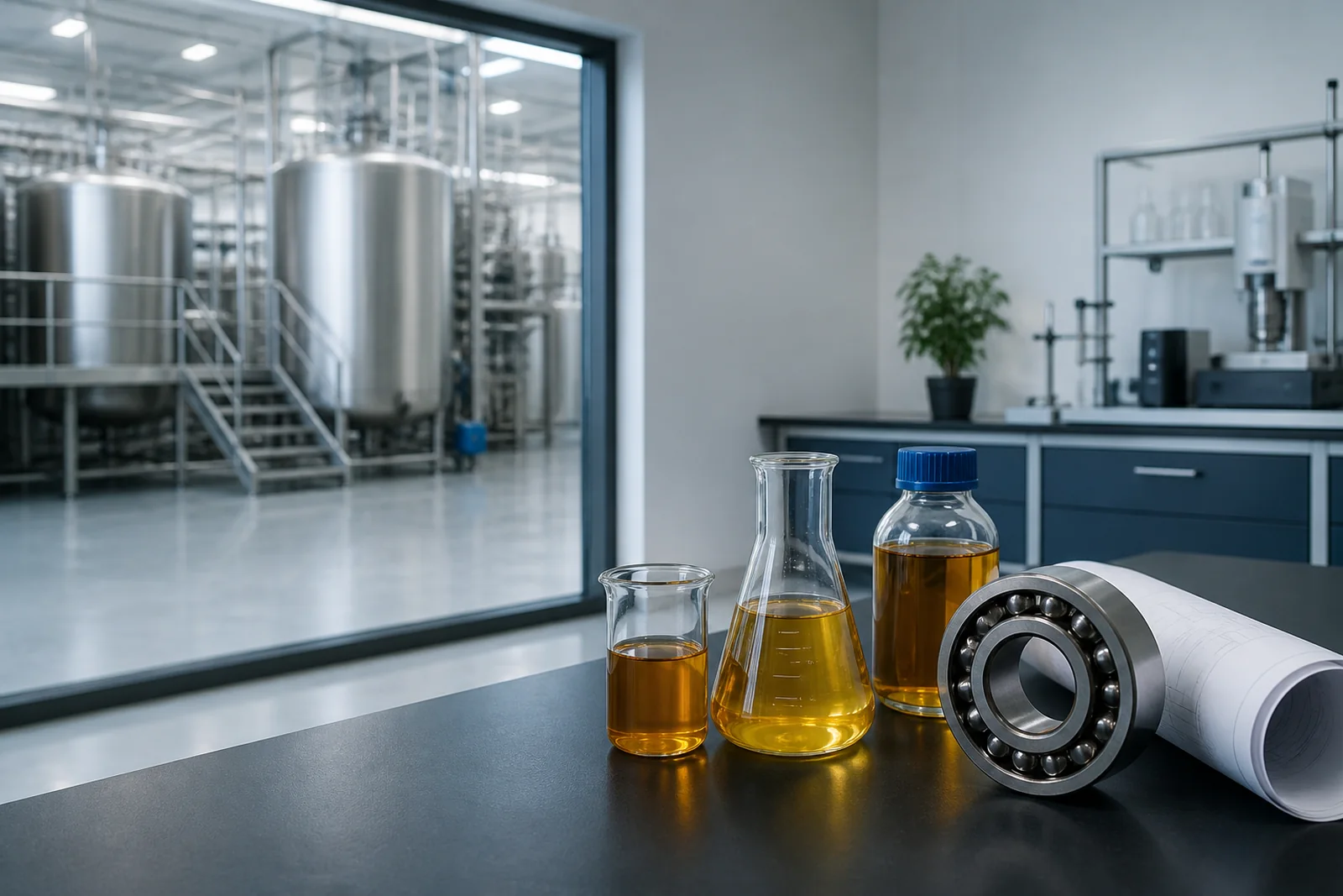 Lubricant samples, an industrial bearing and a process drawing connecting laboratory work to a blending plant
