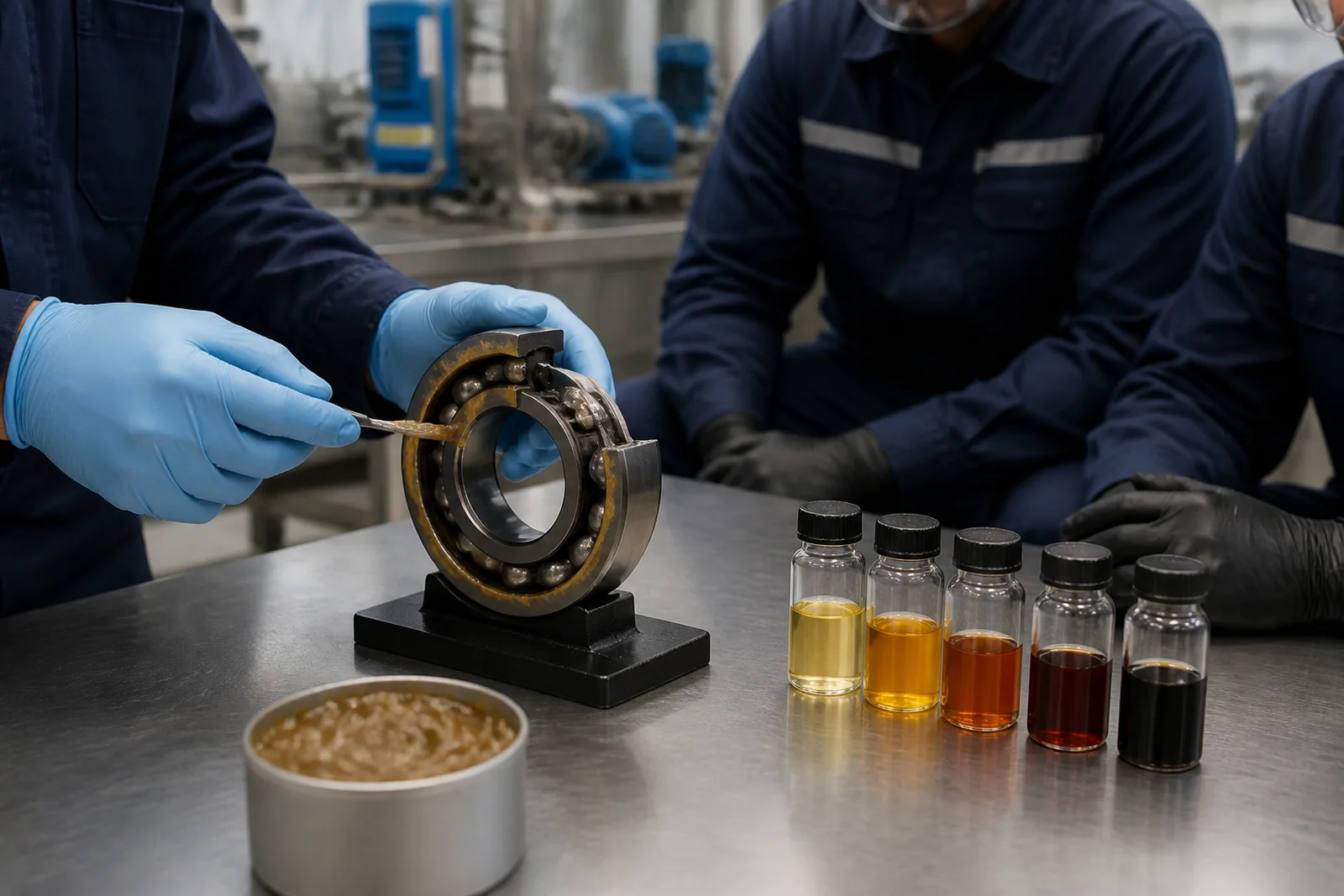Hands-on bearing lubrication demonstration with sample oils at a plant training bench