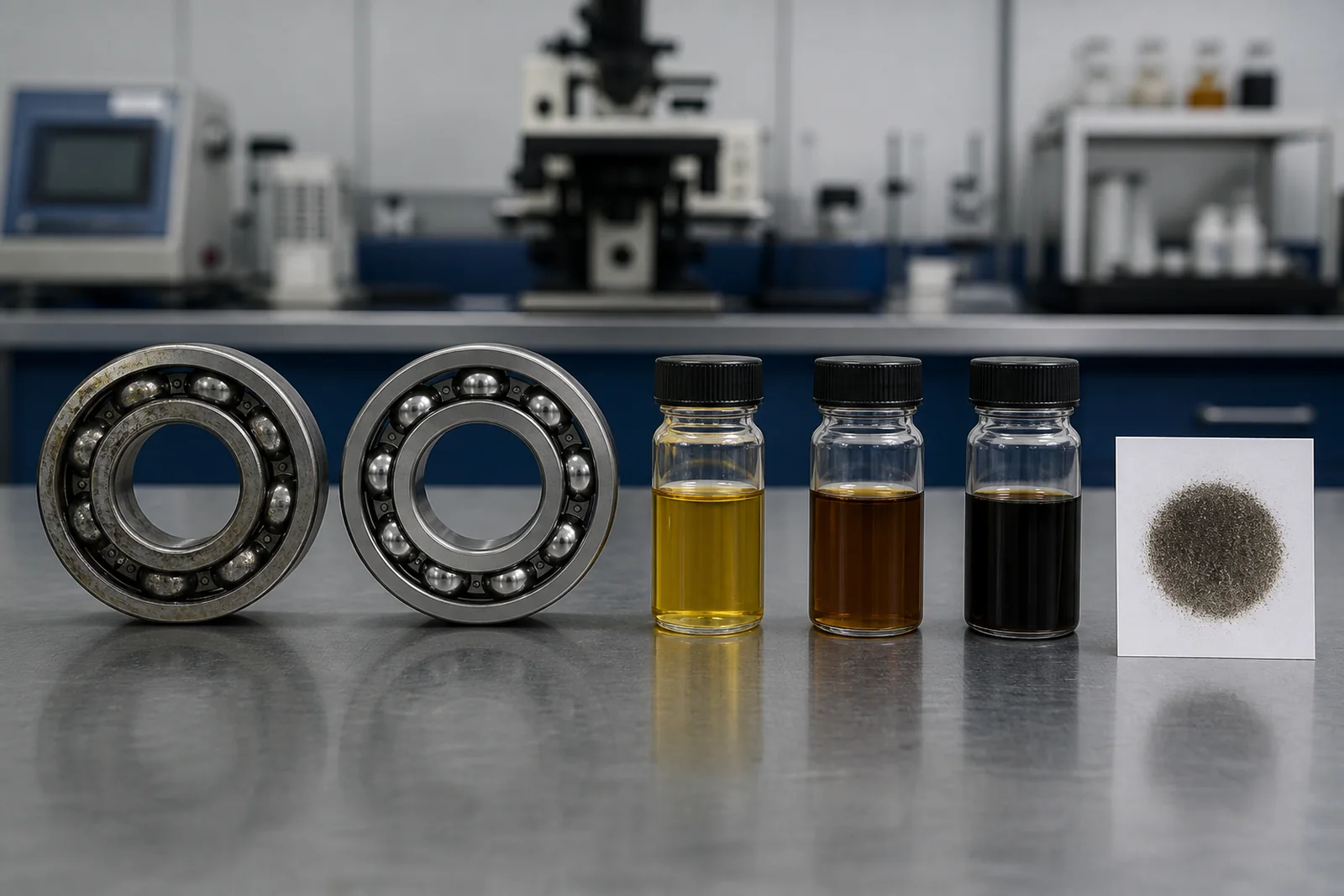 Worn and clean bearings, oil-condition samples and a filter-patch comparison