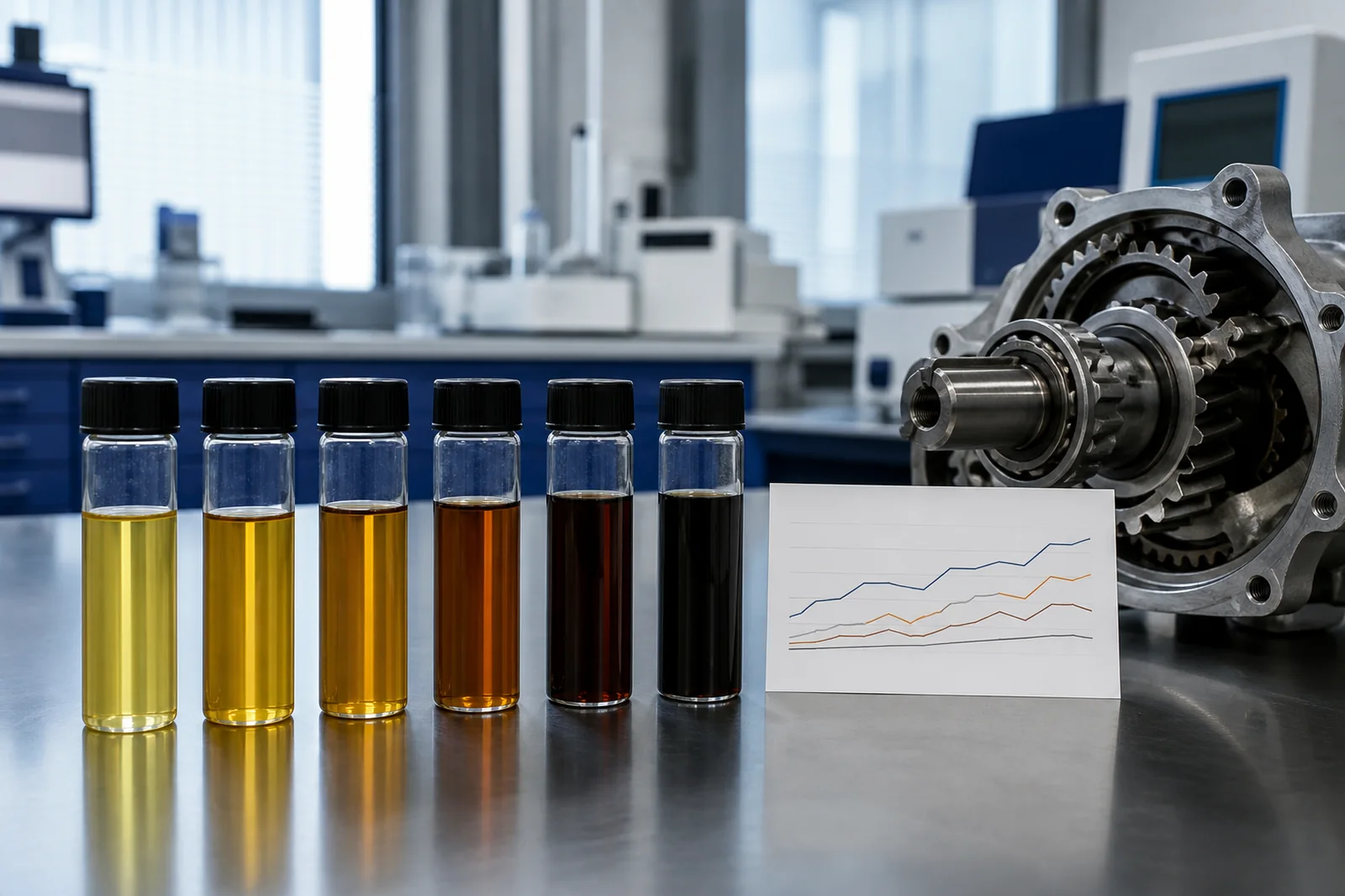 Used-oil sample trend from pale amber to dark oil beside a gearbox component