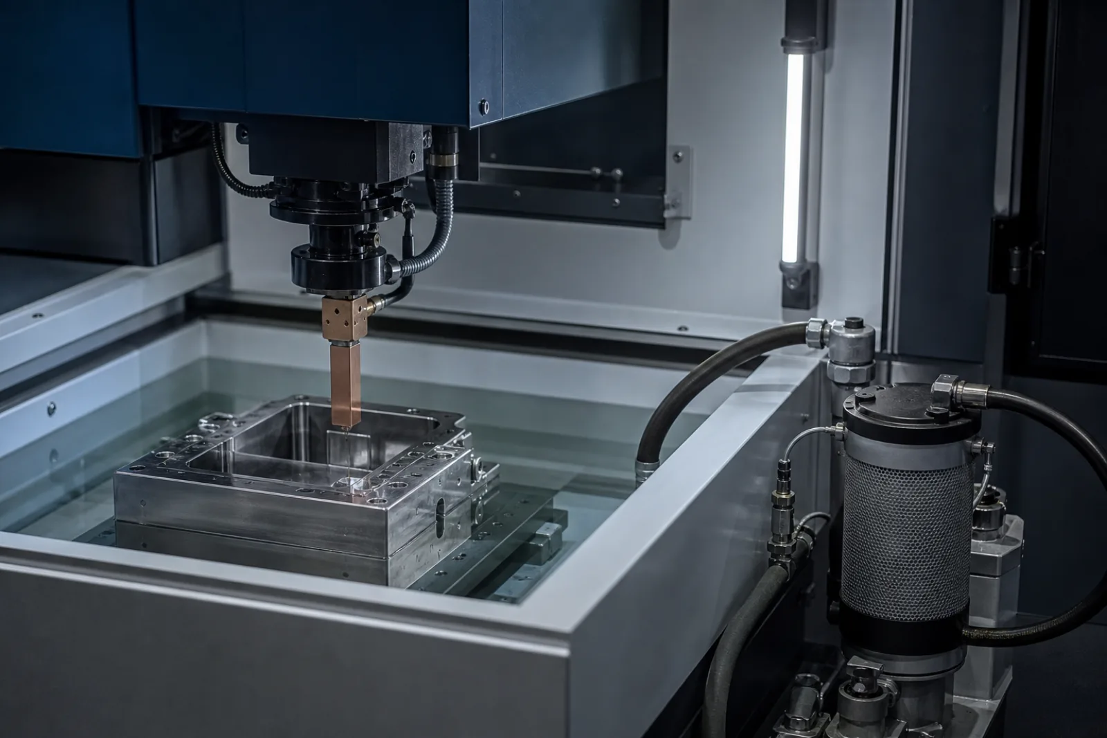 Sinker EDM tank with electrode above a precision workpiece immersed in dielectric fluid
