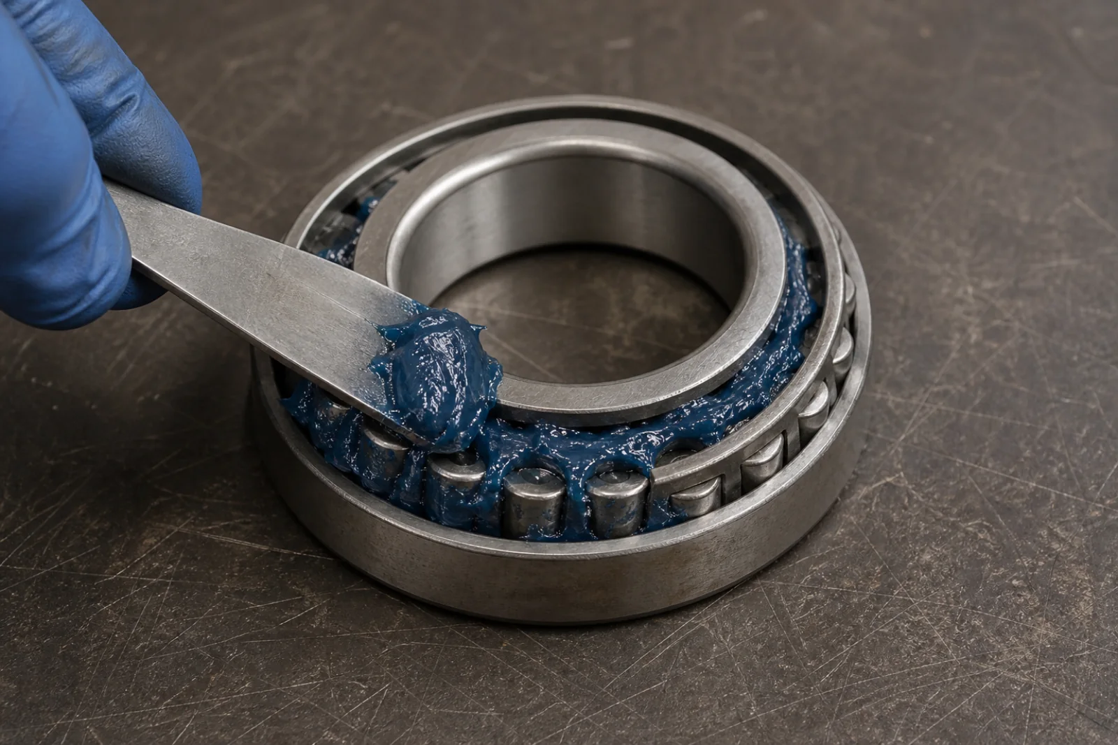 Deep-blue lubricating grease being packed into the rollers of an industrial bearing