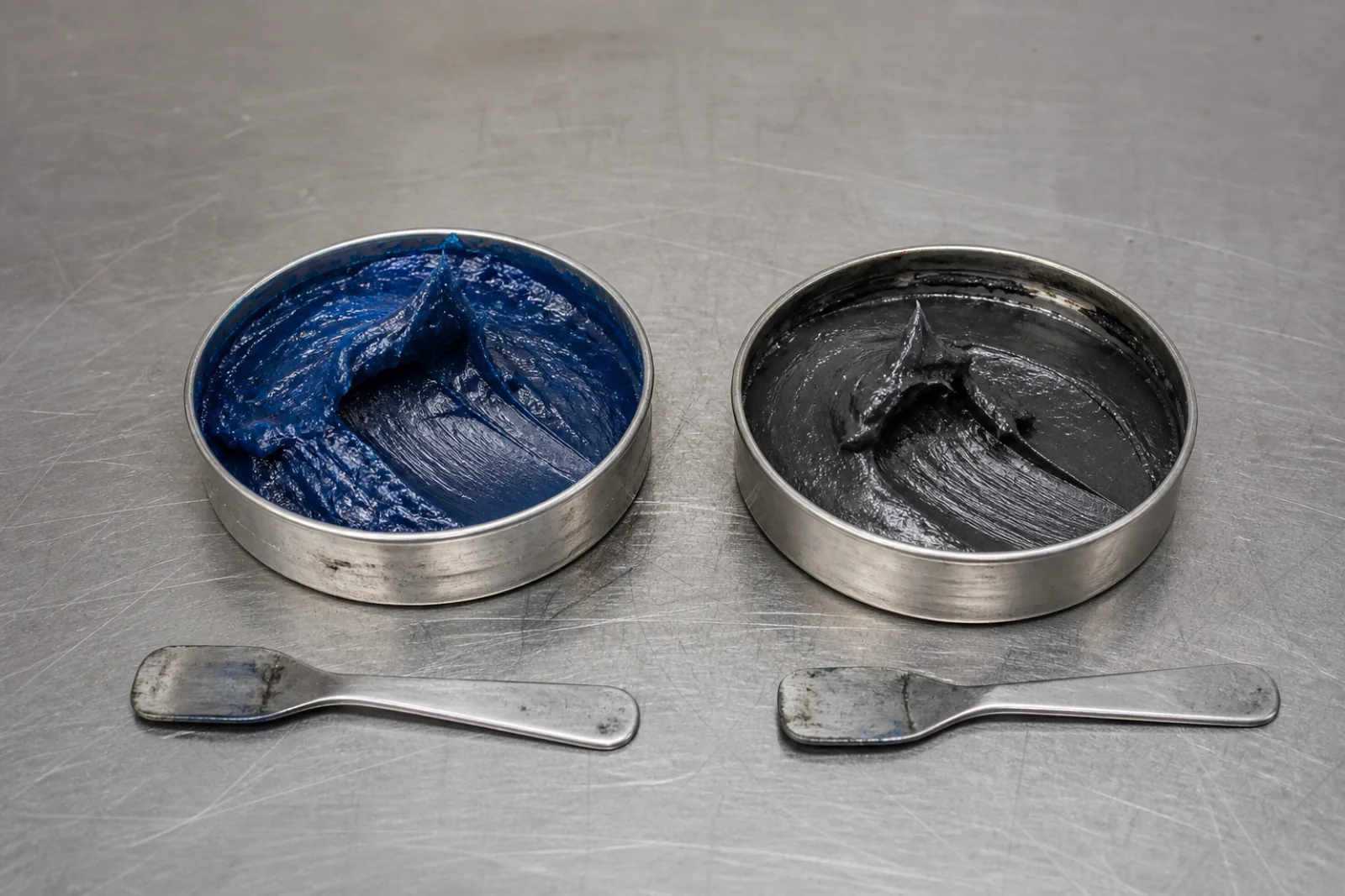 Blue lithium-complex grease and dark-grey molybdenum-disulfide grease in plain metal sample tins