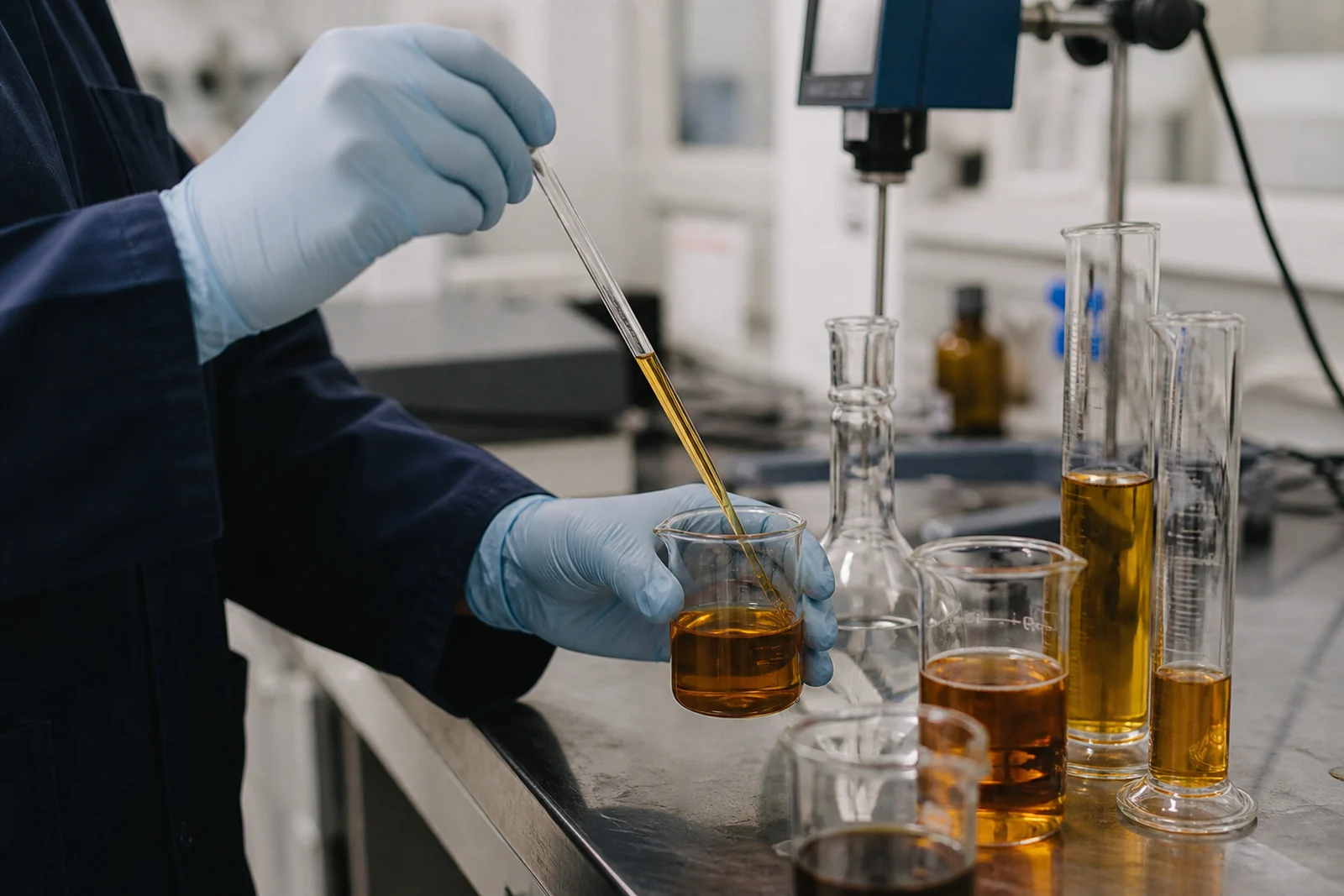 Amber lubricant samples in glass beakers beside a viscometer in an industrial laboratory