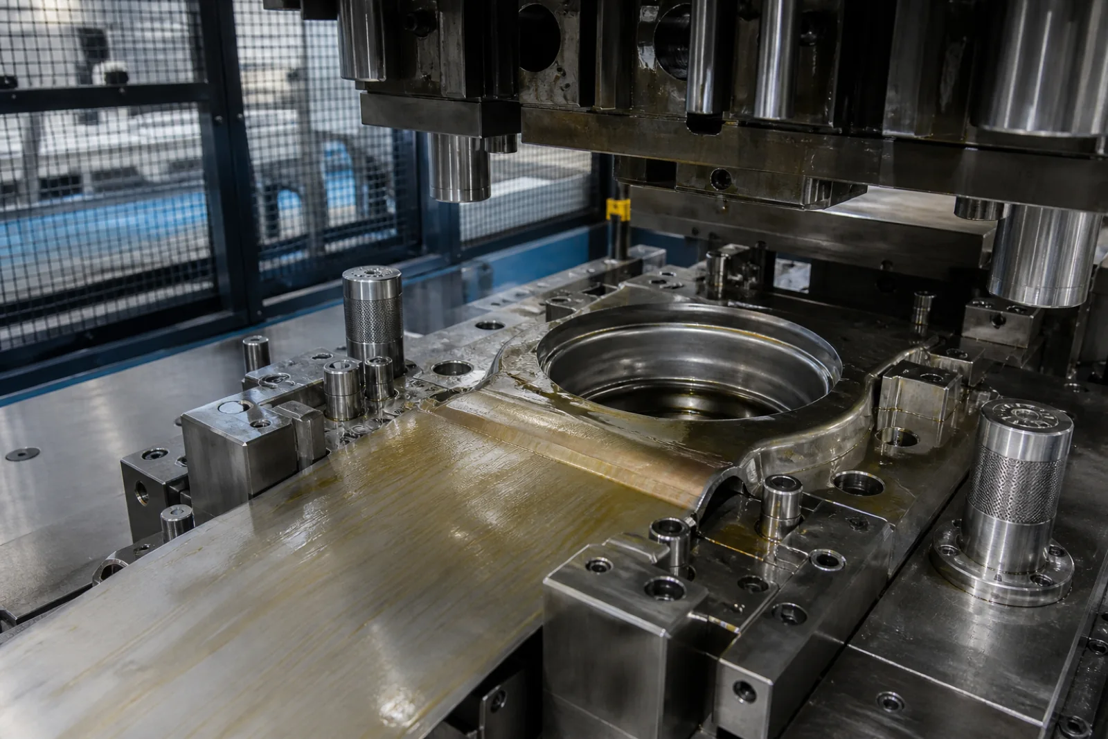 Guarded sheet-metal press tooling with a controlled film of amber forming lubricant on the die and workpiece