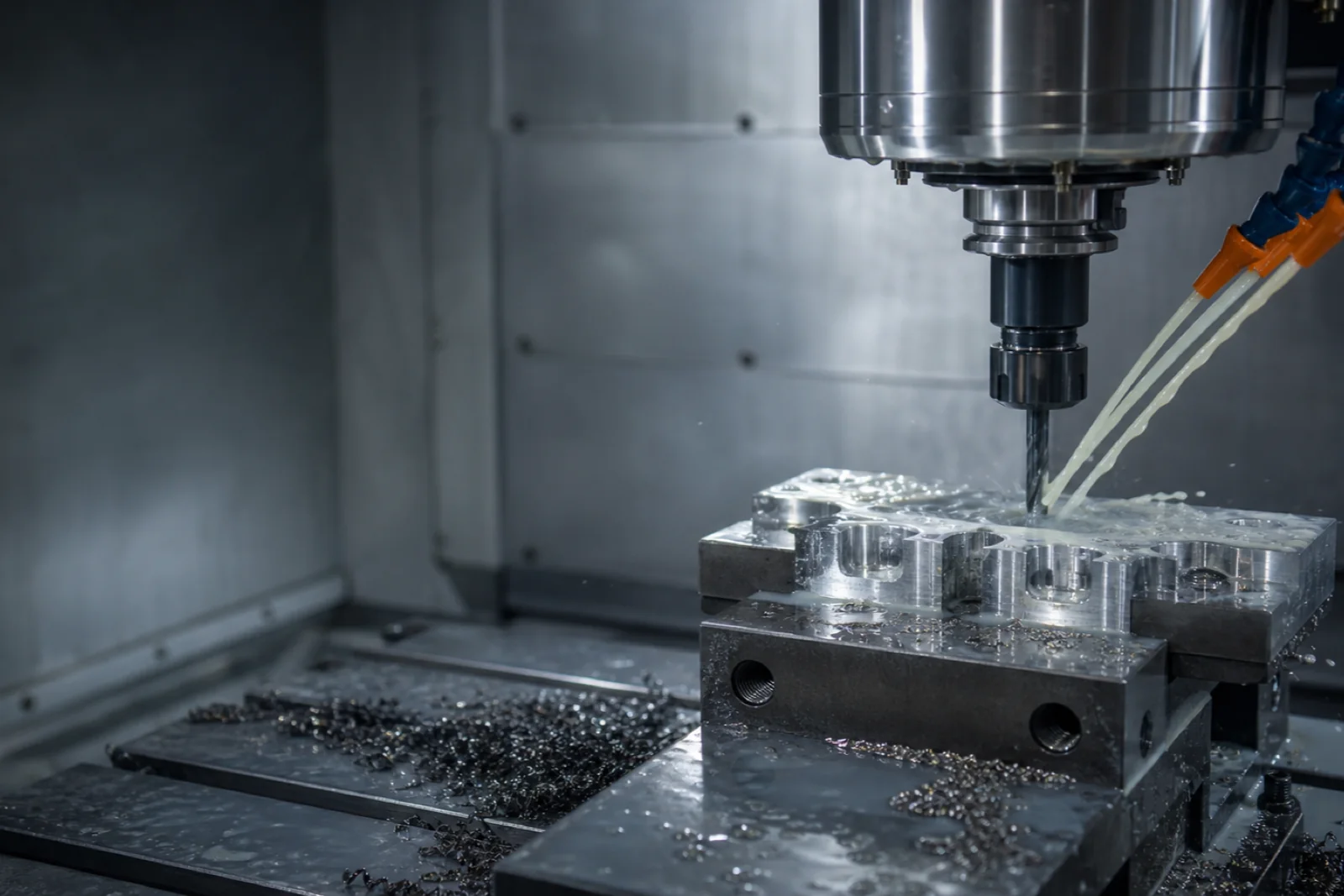 Enclosed CNC machining centre applying a controlled stream of pale metalworking coolant to a machined component