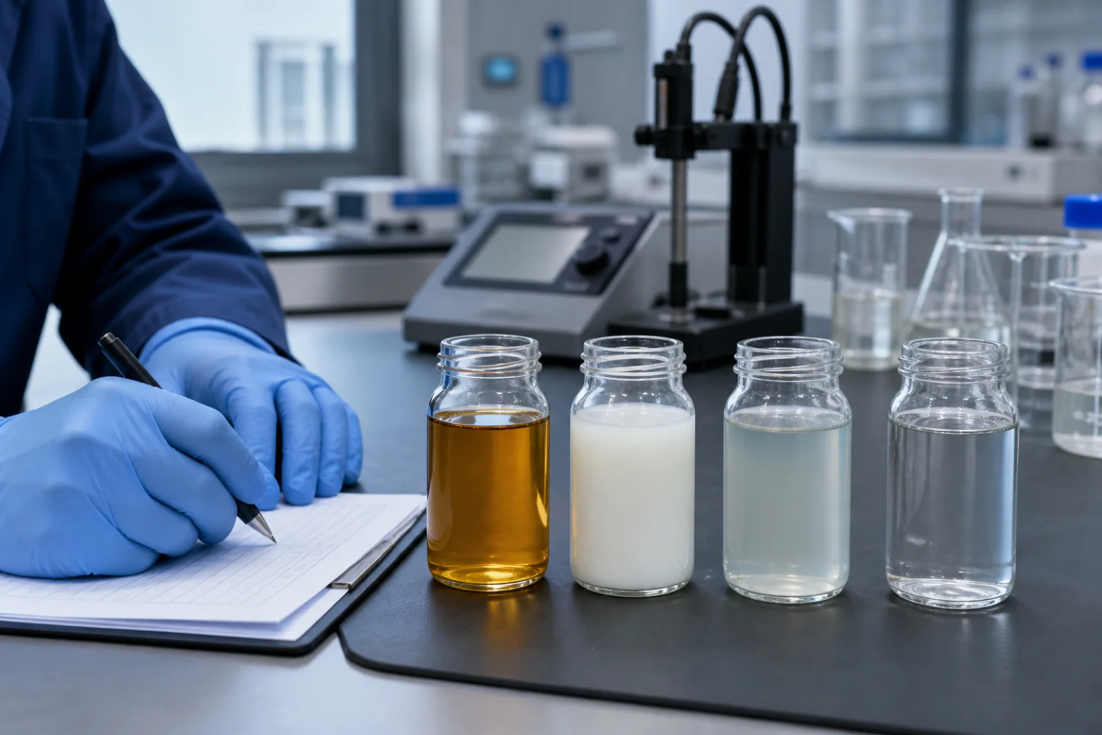 Four laboratory samples showing neat oil, soluble oil, semi-synthetic and synthetic metalworking fluid families