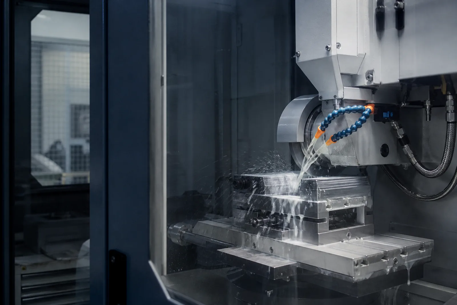 Surface grinding machine applying clear synthetic coolant to a metal workpiece