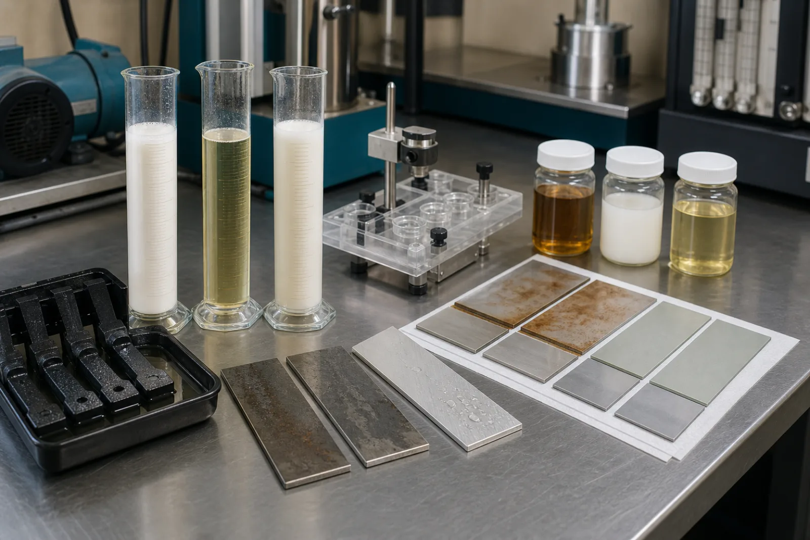 Metalworking-fluid laboratory qualification bench with samples, foam cylinders and corrosion coupons
