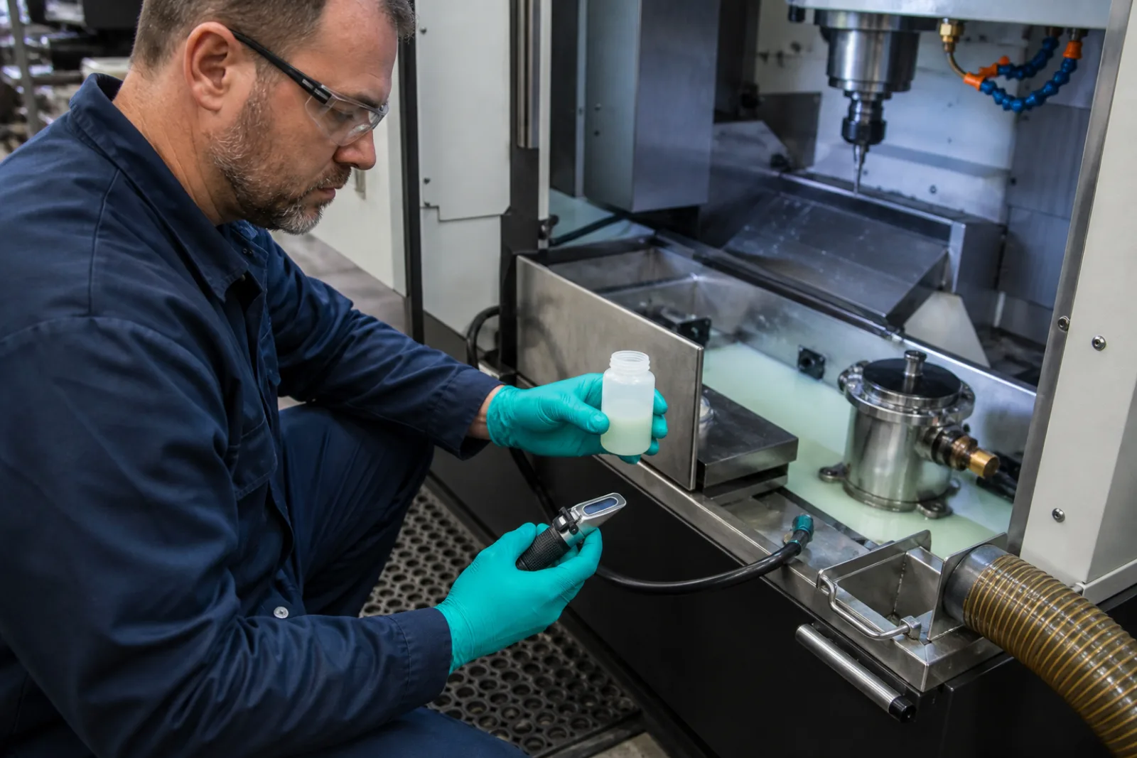 Technician sampling a machine-tool coolant sump and checking concentration