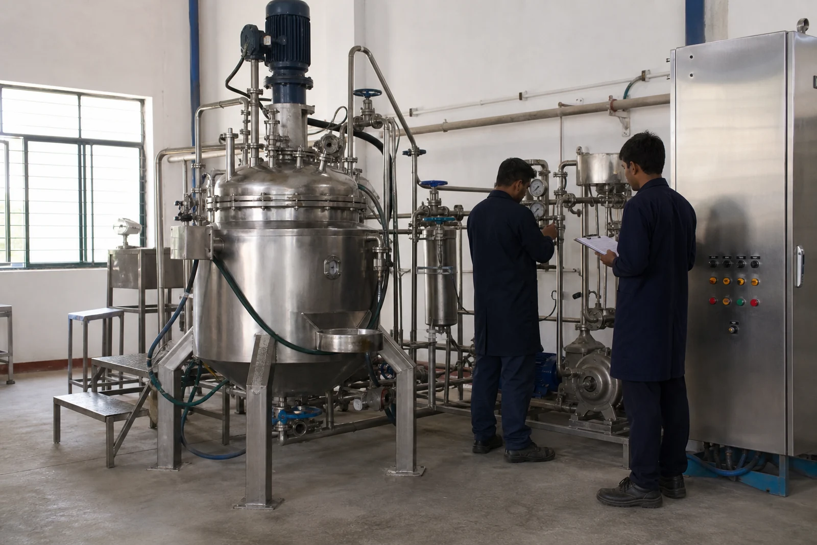 Stainless-steel lubricant blending vessels, pipework and controls on a production floor