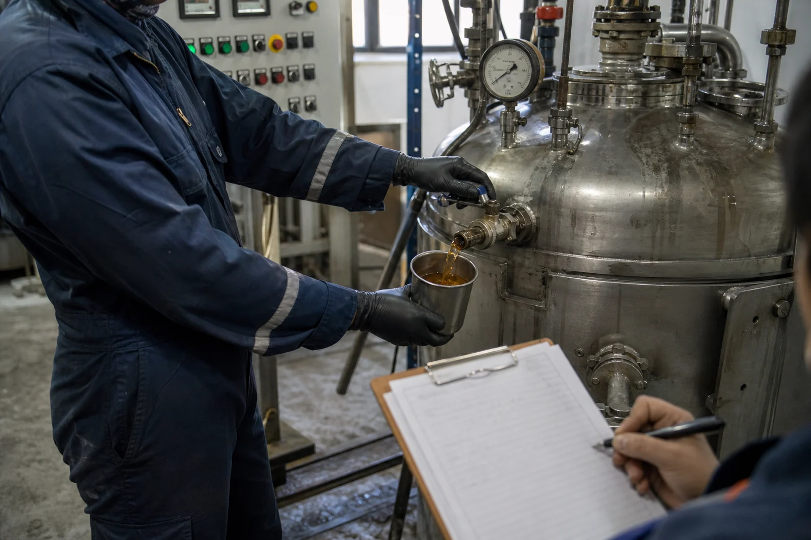 Technician comparing a batch record with a lubricant sample beside processing equipment