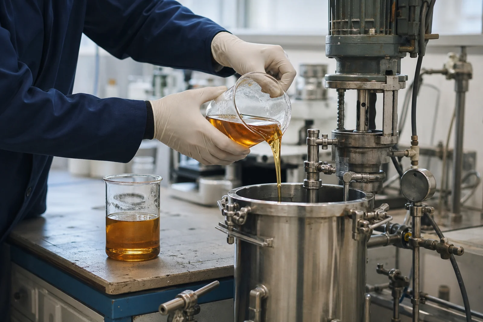 Lubricant formulation samples progressing from laboratory beakers to a pilot mixing vessel