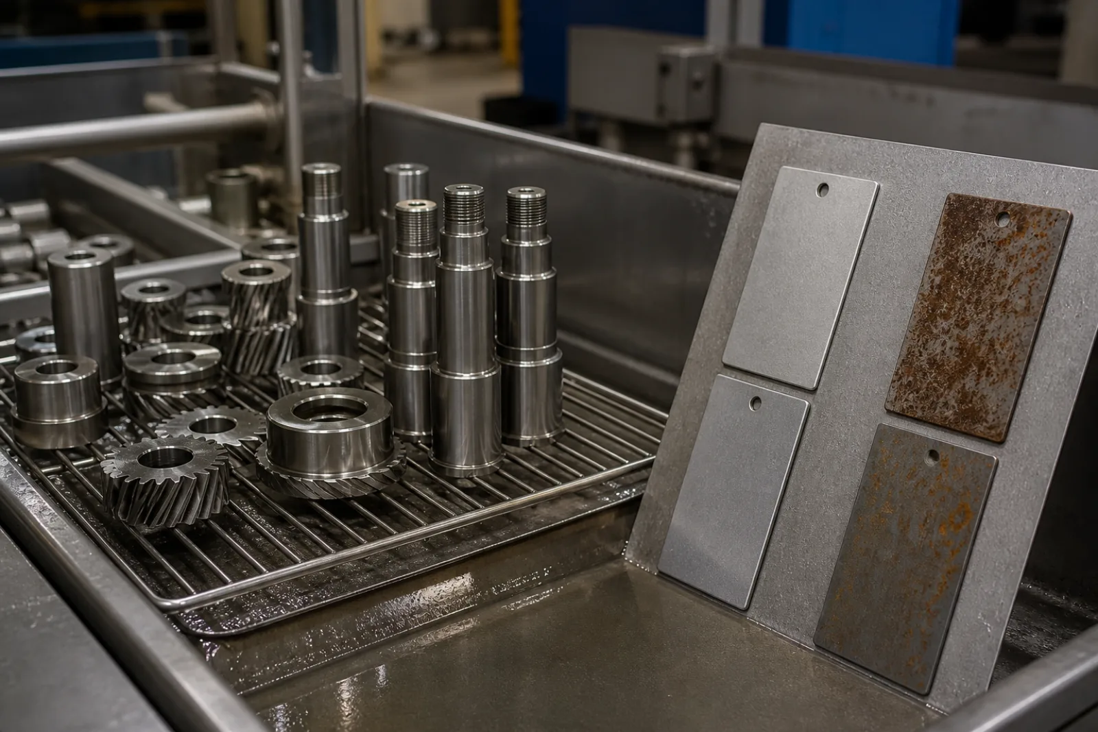 Machined steel parts draining after dewatering and temporary rust-preventive treatment