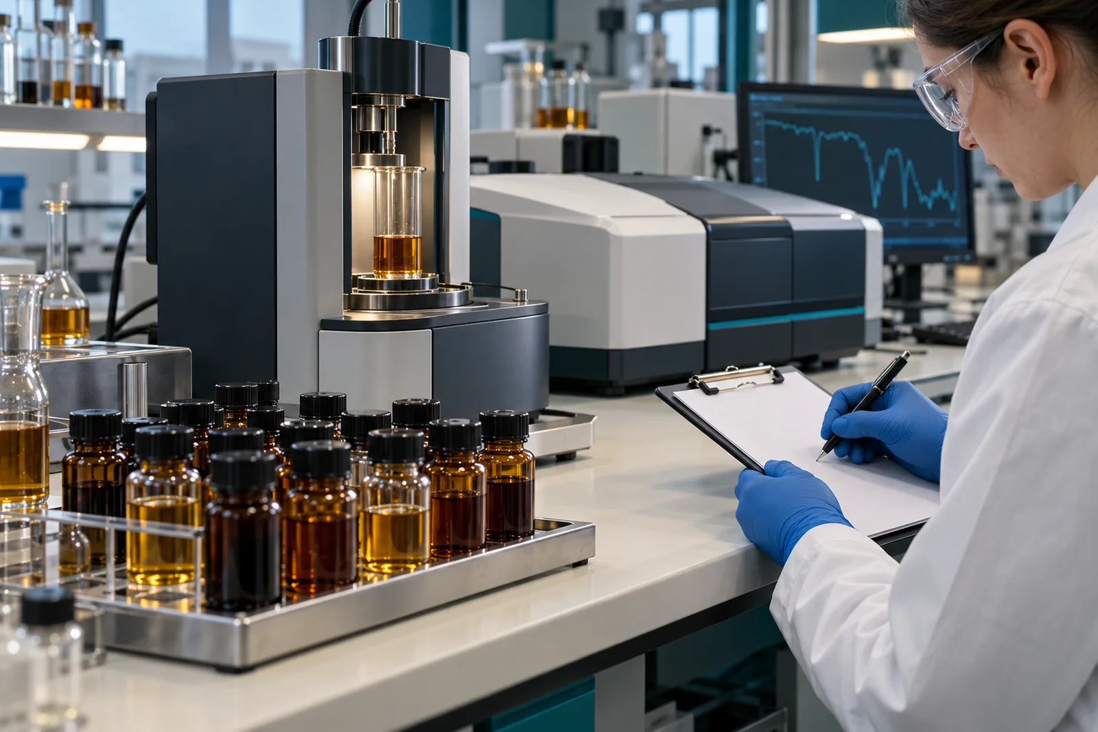Conceptual lubricant analysis bench with oil samples and analytical instruments