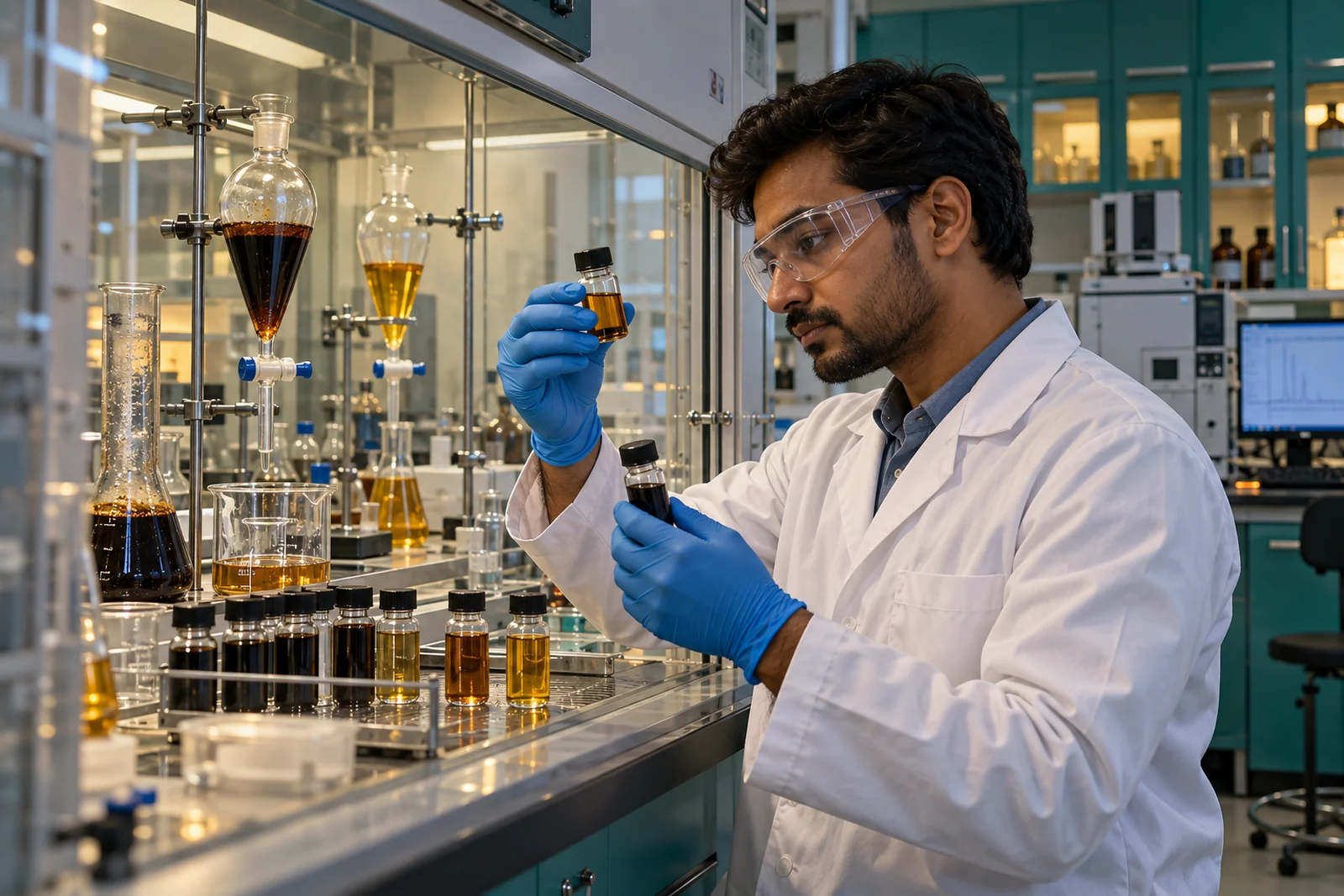 Conceptual laboratory researcher examining dark used-oil and amber candidate samples