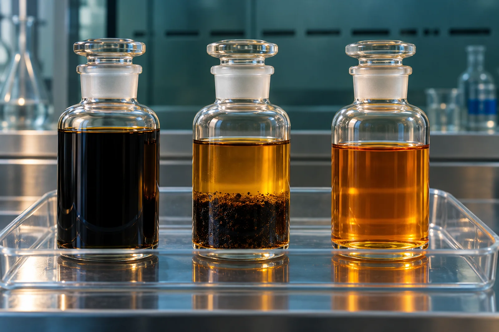 Conceptual used-oil research cylinders showing dark oil, settled residue and an amber candidate fraction